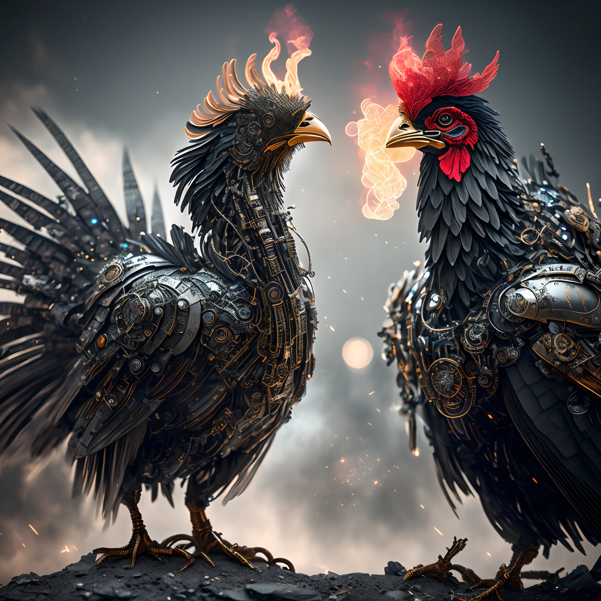 (8K, 16K, Award Winning, Top Quality, High Resolution, Super Detailed, Anatomically Correct, Mastepiece, Photorealistic), Portraits of Famous Photographers, (1 Mechanical Rooster: 1.4), Solo, Chicken Alarm Clock, Rooster Crown, (Rooster Chest with Embedded Alarm Clock: 1.3), Metal Parts, Fine Detail Parts, Metal Reflections, Mechanical Structure, Metal Wings, Built-in Speaker, Biological Reactions, Biology, Digital clock, eyes are lights, standing on wooden roof, gears, bolts, screws, cyberpunk, polished parts, frosted, cgsociety, (beautiful: 1.2), dreamlikeart, ultra-detailed photo realism by Gregg Lutkowski, (film gray: 1), High Resolution, Sharp Focus, Contrast, Intricate Details, Air Glow, Refracted Lighting, Unreal Engine 5, Concept Photo, Octane Rendering, CGsociety Trends, Colored Smoke, Crazy Details, Steampunk Details, Intricate Details, Super detail,