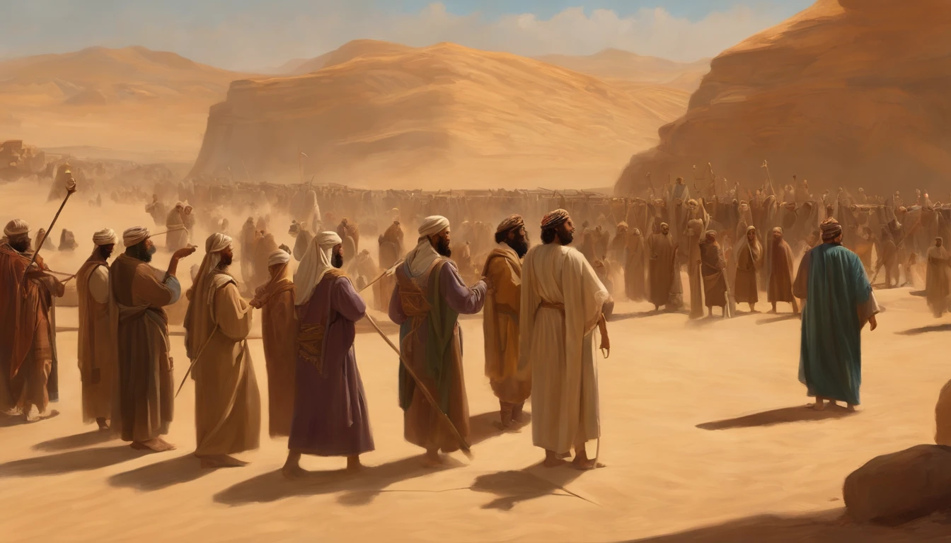 The Israelites Pitching Their Tabernacles in the Desert , With a lot of people, million ,Moses holding a staff ,desert, Old gowns,,History reference,High-quality artwork and details,Realistic portrait style,Subtle color palette,vibrant background,natural textures,Deep Shadows,Subtle highlights,Historical accuracy,meticulous attention to detail,Emotional depth and intensity,Authentic Representation,Thought-provoking,Spiritual atmosphere,A Sense of Ancient Wisdom,Profound impact