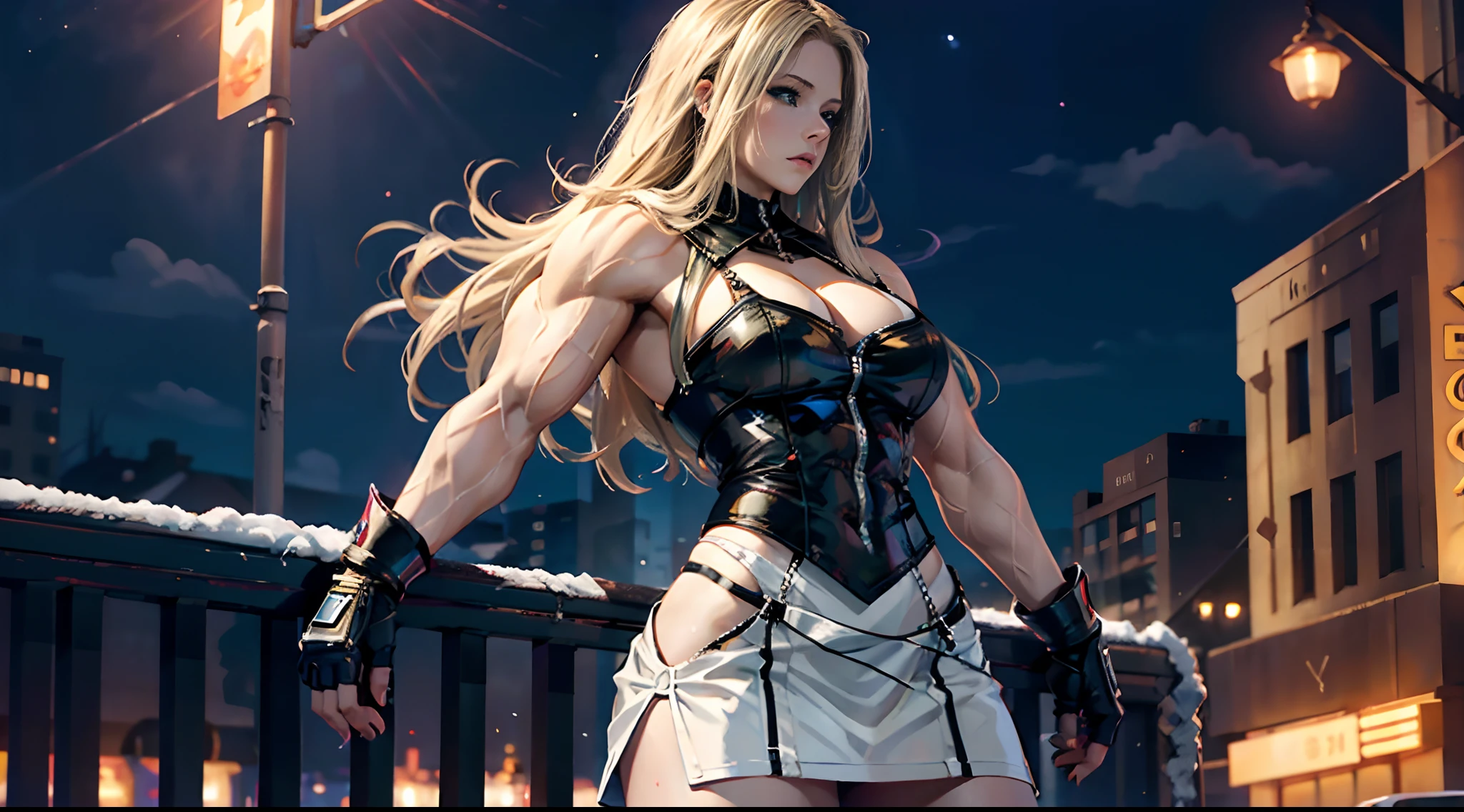 absurdres, highres, ultra detailed, ((1 girl)), young and cute 21 yr old Avril Lavigne as massive female bodybuilder, lightning all around her body, perfect skin, female, full body side view, musclebound, undone hair, huge breasts, swole enormous ripped muscles, enormous glutes, cute young face, wearing white Greek gown miniskirt, alone in the city at night