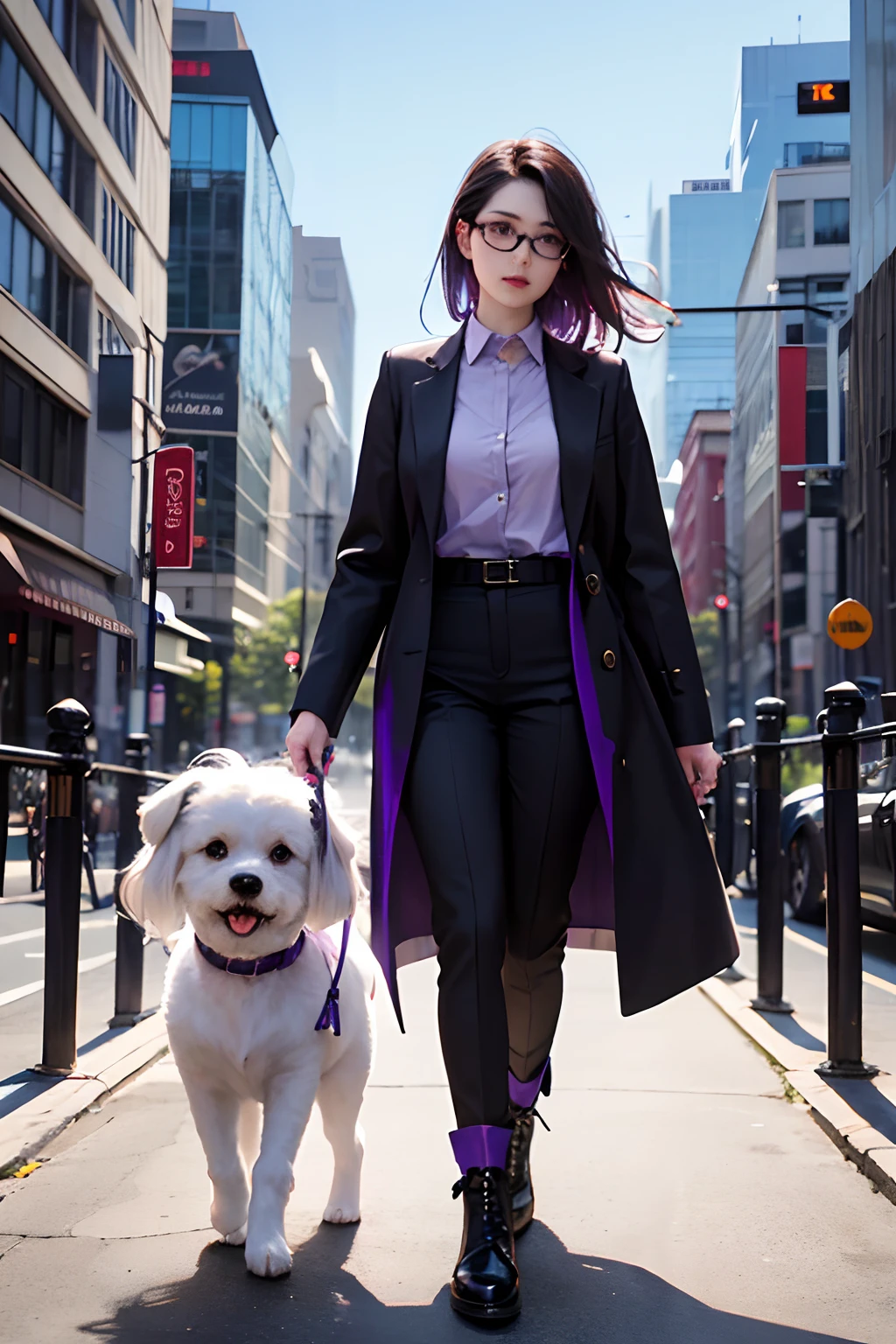 1girl, shoulder length purple hair, brown eyes, wearing purple thin frame glasses, wearing dark purple long coat, black under shirt, black long pants, purple boots, high res, ultrasharp, 8K, masterpiece, looking at viewer, full body photo, magnificent scene, epic scenes, city, park, sunny sky, walking motion, holding a white maltese dog