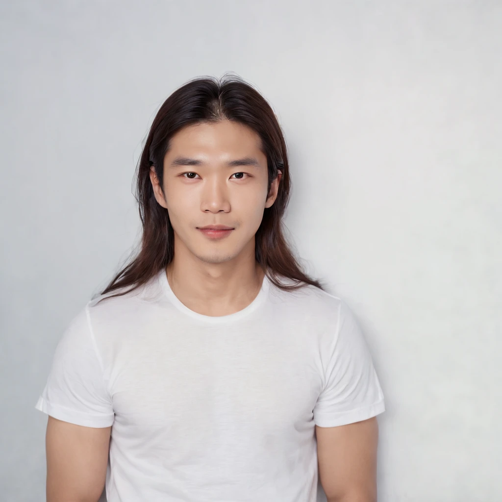 (Photo: 1.3) af (realistic: 1.3), East Asian man, (( long hair )),soft light, clear face, front, ((white T-shirt)), cheerful, warm light, ((gray-white gradient background)),(background)) ,avatar,(,handsome,young,((avatar))