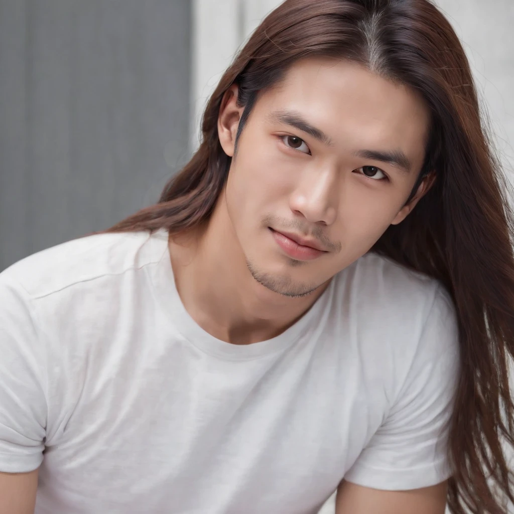 (Photo: 1.3) af (realistic: 1.3), East Asian man, (( long hair )),soft light, clear face, front, ((white T-shirt)), cheerful, warm light, ((gray-white gradient background)),(background)) ,avatar,(,handsome,young,((avatar))