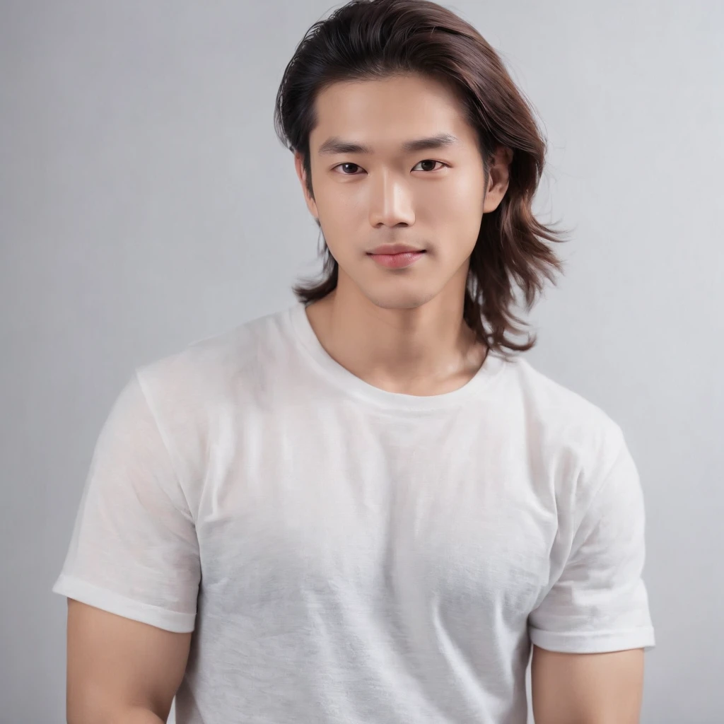 (Photo: 1.3) af (realistic: 1.3), East Asian man, (( long hair )),soft light, clear face, front, ((white T-shirt)), cheerful, warm light, ((gray-white gradient background)),(background)) ,avatar,(,handsome,young,((avatar))