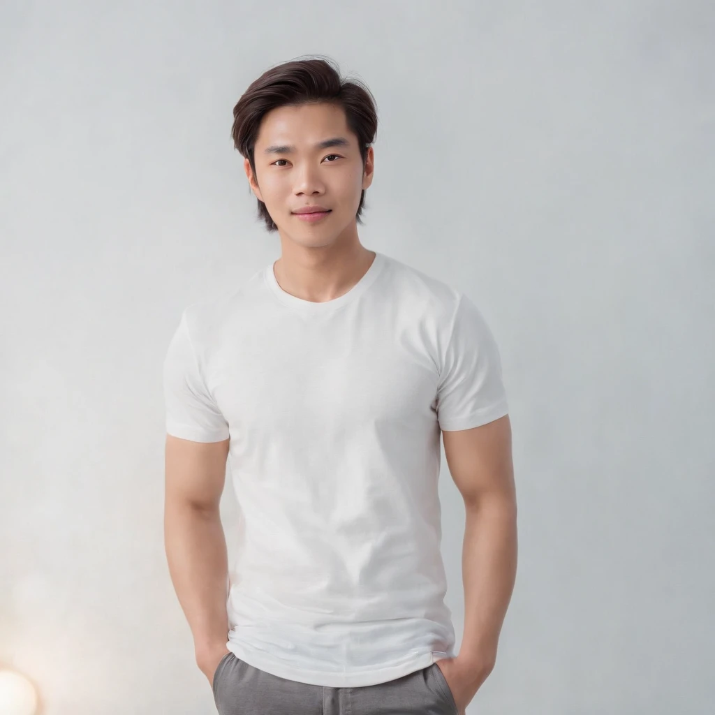 (Photo: 1.3) af (realistic: 1.3), East Asian man, (( long hair )),soft light, clear face, front, ((white T-shirt)), cheerful, warm light, ((gray-white gradient background)),(background)) ,avatar,(,handsome,young,((avatar))