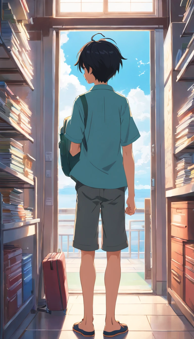 Rear view、primary school5Grade Boy, 发光,Black hair、Background white