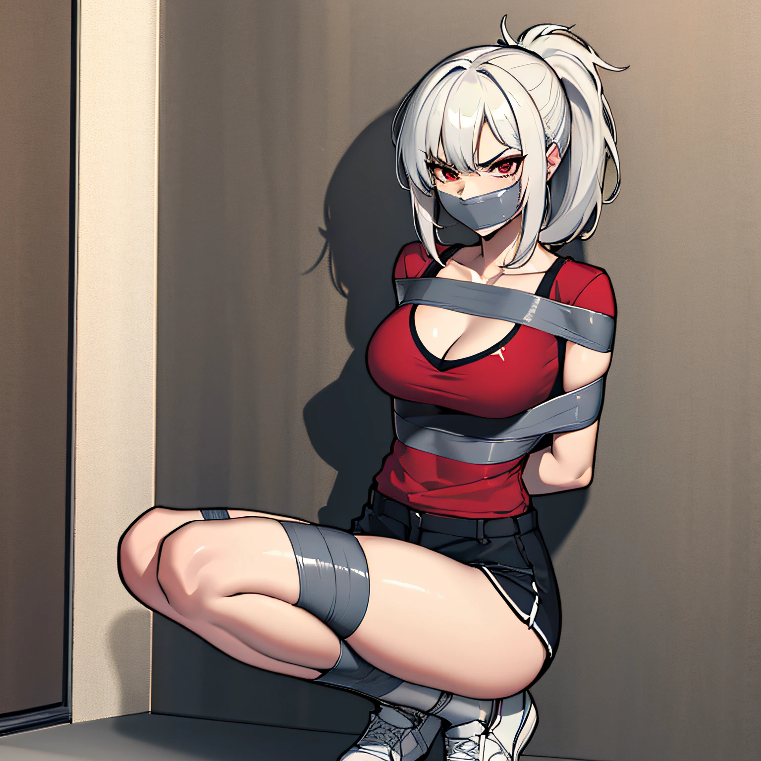 (absurdres, 8k, 4k, masterpiece, hyper extreme detailed:1.2), solo, 1girl, portrait, best quality, expressive eyes, perfect face, 1girl, portrait, solo, Female, mature female, adult, messy hair, white hair, medium bust, swept bangs, side bangs, messy hair, medium hair, perfect anatomy, soldier, angry, annoyed, red eyes, looking forward, forward view, perfect eyes, scars, gloves, red graphic t-shirt, half body, perfect anatomy, athletic shoes, bedroom background, leaning against wall, ponytail, adult, mature woman, standing, leaning back, perfect face, cowboyshot, bound, bondage, (arms behind back:1.4), bdsm, tape gag, tape, tape bondage, restrained, tape wrapped, wrap gag, bondage, taped wrists, taped breasts, taped mouth, taped elbows, taped forearms, standing up, 1girl, cleavage, black hair, frog tied, squatting, taped thighs, taped ankles, 1girl
