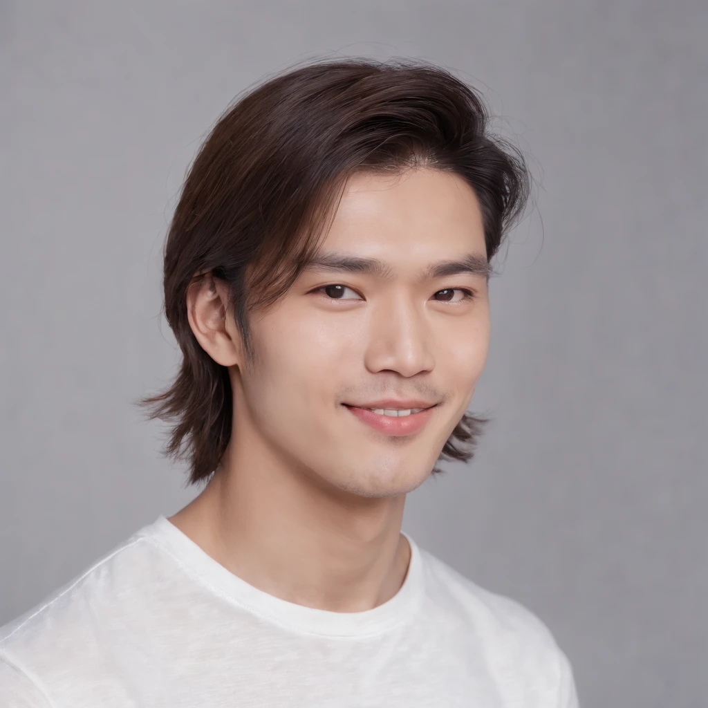 (Photo: 1.3) af (realistic: 1.3), East Asian man, (( long hair )),soft light, clear face, front, ((white T-shirt)), cheerful, warm light, ((gray-white gradient background)),(background)) ,avatar,(,handsome,young,((avatar))