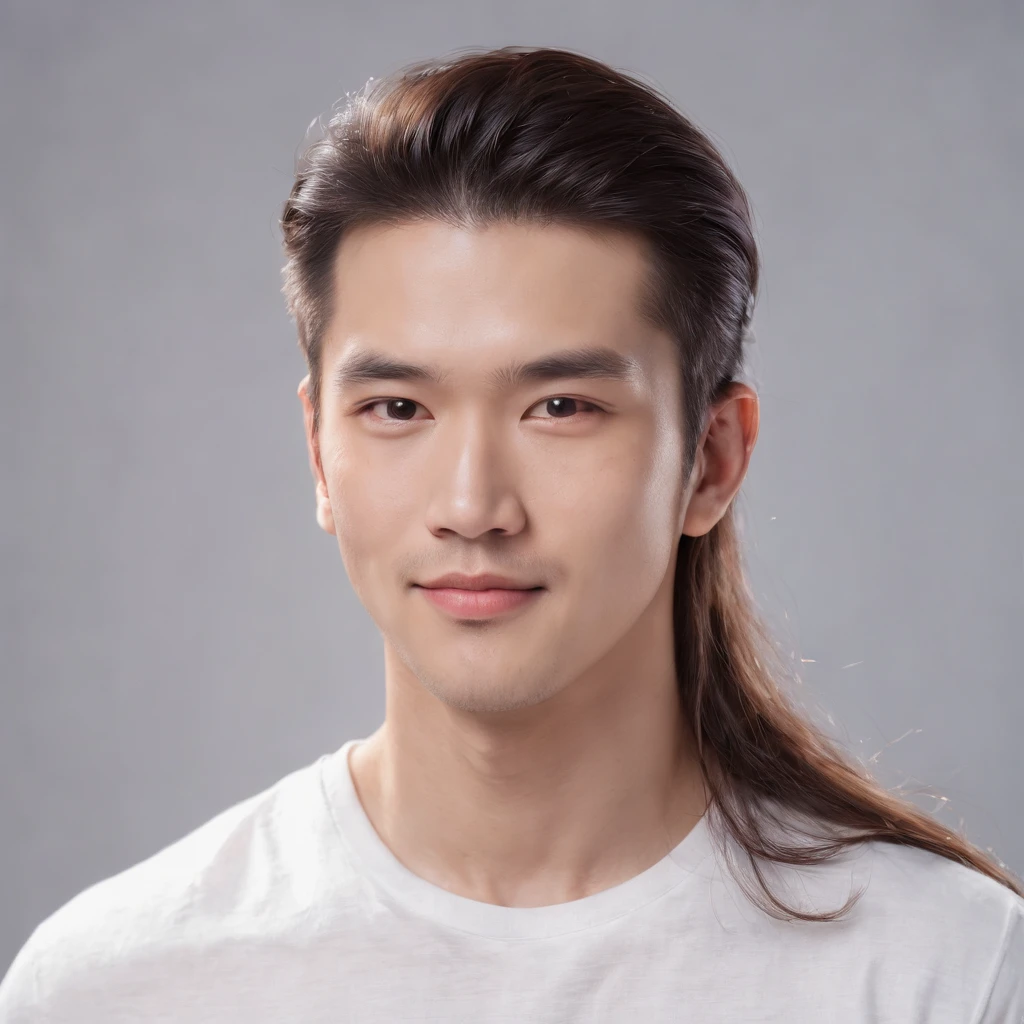 (Photo: 1.3) af (realistic: 1.3), East Asian man, (( long hair )),soft light, clear face, front, ((white T-shirt)), cheerful, warm light, ((gray-white gradient background)),(background)) ,avatar,(,handsome,young,((avatar))