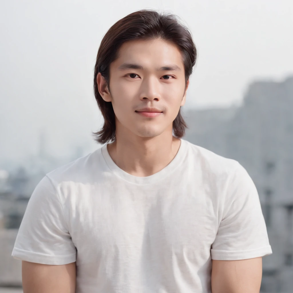 (Photo: 1.3) af (realistic: 1.3), East Asian man, (( long hair )),soft light, clear face, front, ((white T-shirt)), cheerful, warm light, ((gray-white gradient background)),(background)) ,avatar,(,handsome,young,((avatar))