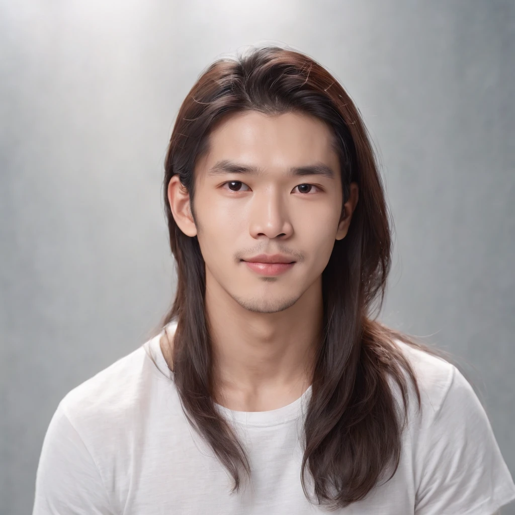 (Photo: 1.3) af (realistic: 1.3), East Asian man, (( long hair )),soft light, clear face, front, ((white T-shirt)), cheerful, warm light, ((gray-white gradient background)),(background)) ,avatar,(,handsome,young,((avatar))