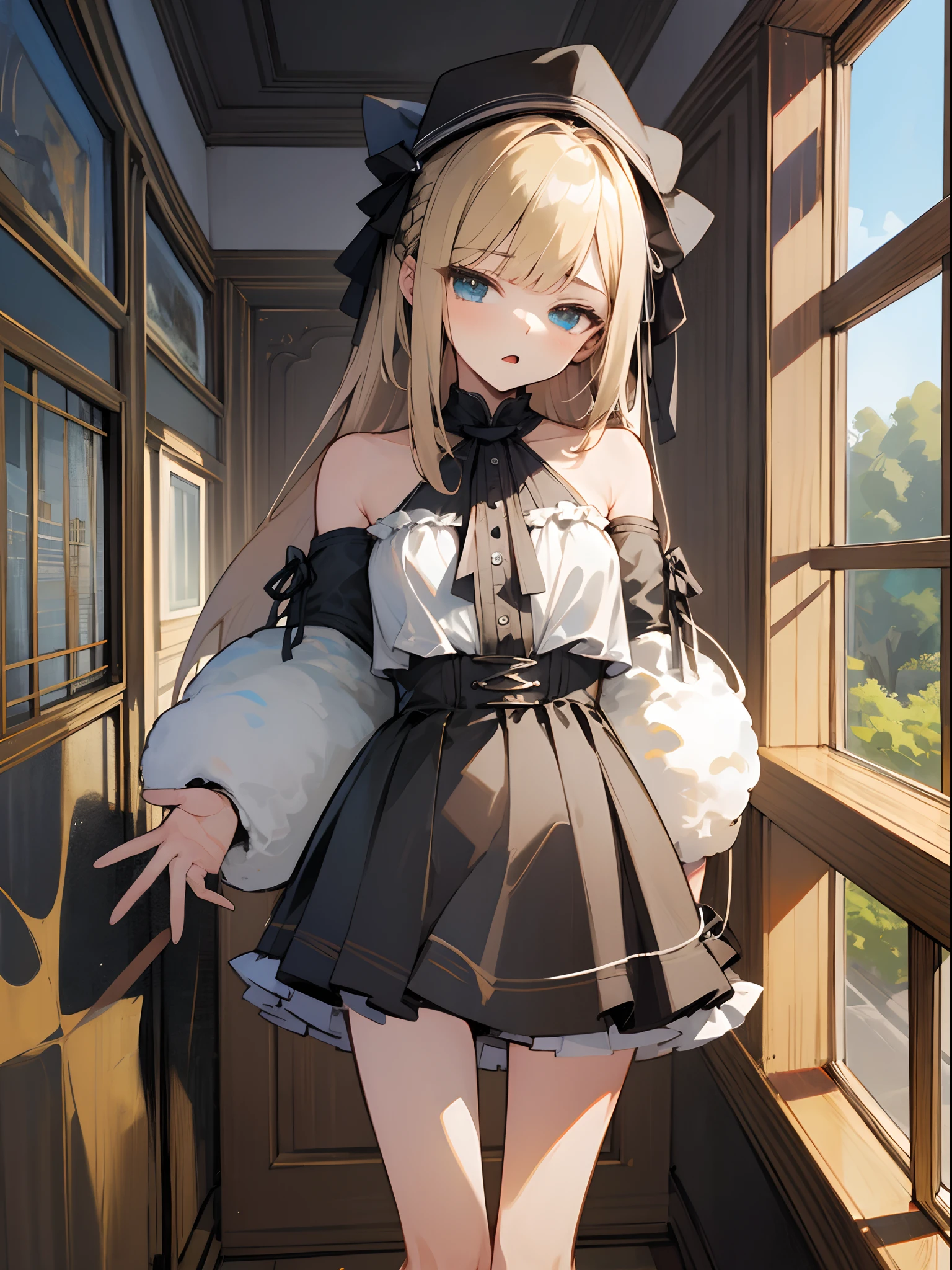 Reines, 1girl, high quality, best quality, illustration, masterpiece, (highly detailed:1.2), (extremely detailed:1.3), bare shoulders, young girl, string ribbon, short skirt, full body, braid, petite, loli, in a house