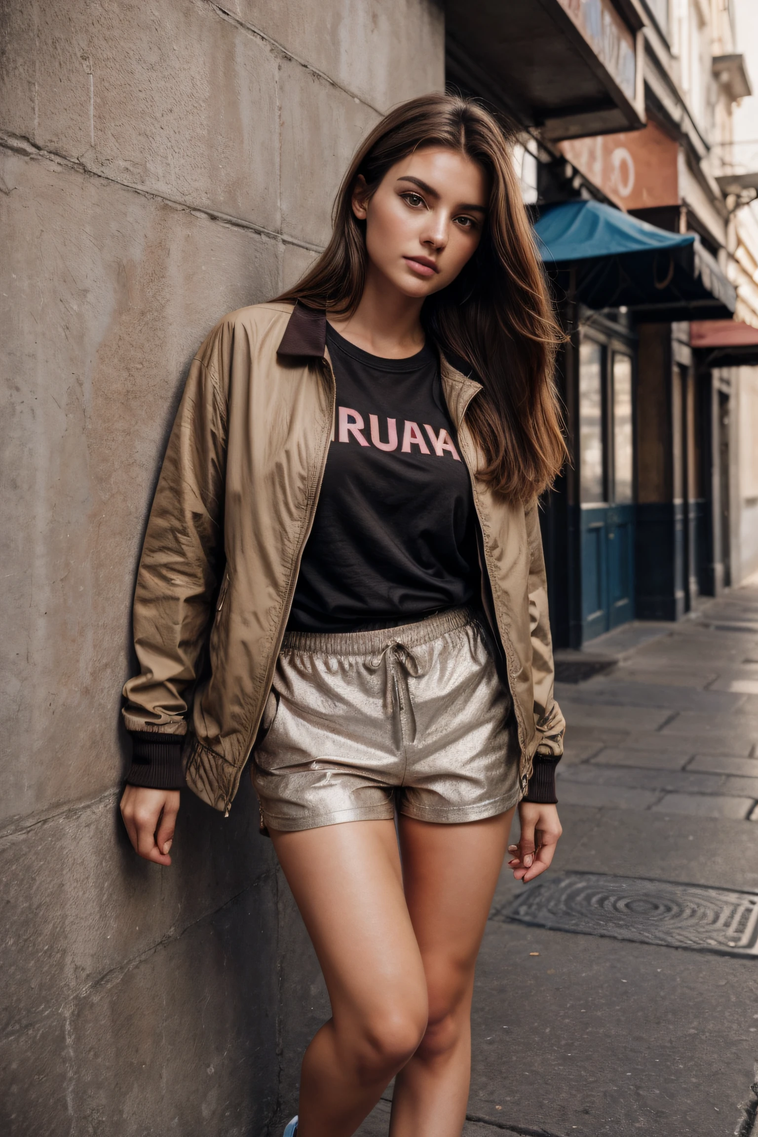 25yo woman, brown hair, wearing T-Shirt, jacket and short pant, perfect eyebrow, perfect lips, perfect nose, professional color graded, wonderful woman, cute russian woman, sharp focus, long hair, street view, natural skin sharp features, model, full body image, looking in camera, natural skin sharp feature, standing beside wall with foot of one leg touching wall, wearing sneakers