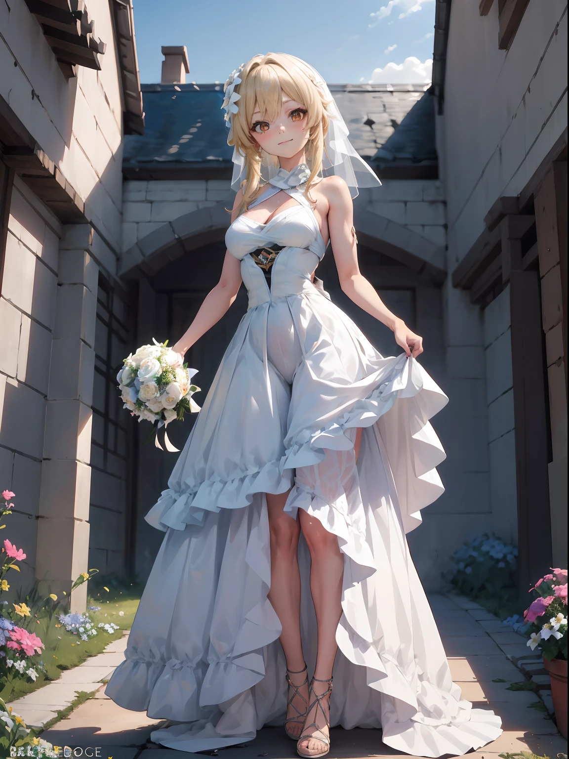 Lumine | genshin impact, master-piece, bestquality, 1girls,25 years old, proportional body, proportional., Wedding Dresses, White Wedding Dress, Long skirt, wedding, mediuml breasts, ,bara, Standing in the middle of a flower garden, outdoor, wedding, The sky is beautiful, Both hands hold a bouquet of flowers........................................, View viewers from the front., Thigh strap, Head tilt, bored, 10, 10, HD, slight smile,
