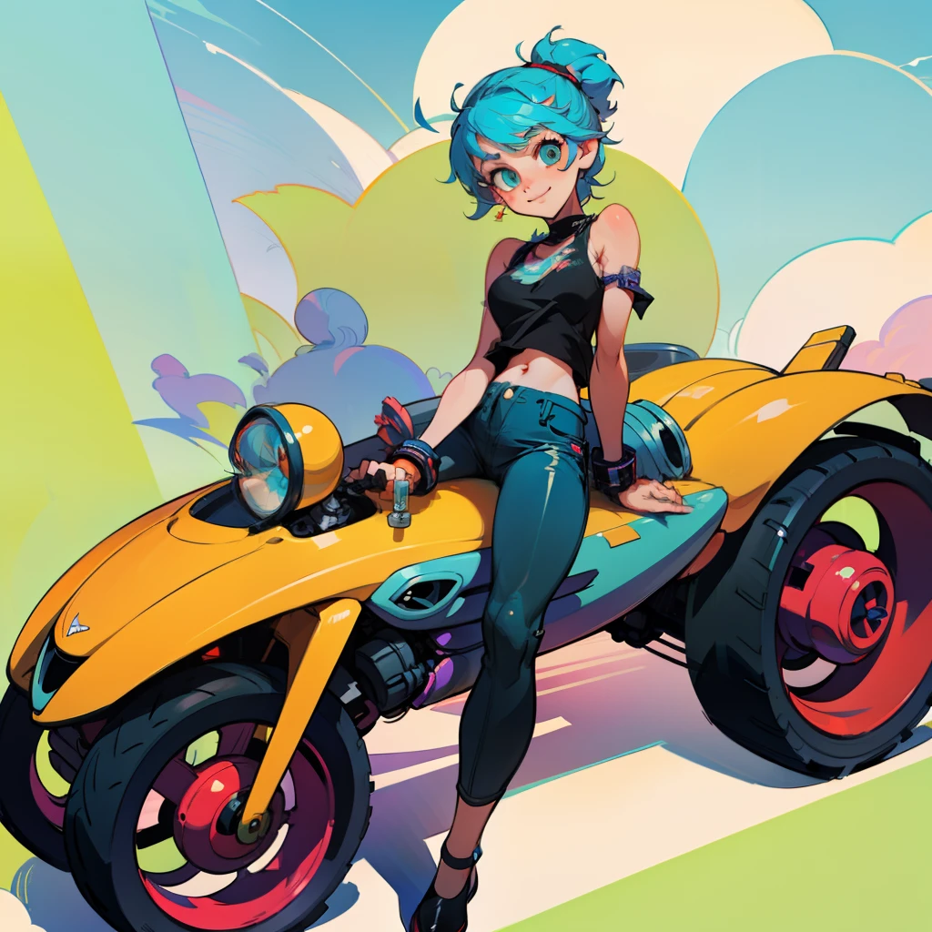 masterpiece:1.5, intricate details:1.3, best quality, ultra-detailed:1.3, 8k, cute, coquette, blinking, (Ramona_flowers), blue hair, hair tied, (black tank_top) (leather_pants)+, relax, smiling, sitting, (leaning forward), futuristic_vehicle, big eyes, smoke, clouds, art of Akira, cyberpunk, arms, hips, vibrant colors