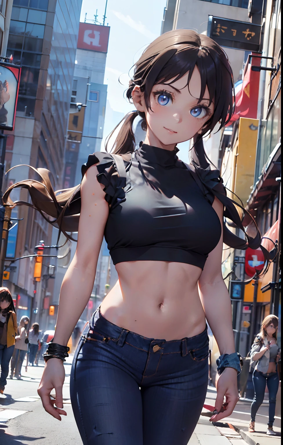 masterpiece, extremery magnificent view, perspective, extremery best quality, extremery detailed CG, 8k wallpaper, high resolution, highly detailed face, highly detailed eyes, perfect anatomy, super detailed skin,
(dynamic angle, dynamic pose:1.2), outdoors, city street, (portrait, legs focus, full body shot), (beautiful face, beautiful eyes, beautiful legs:1.3), 
1 girl, solo, (black cropped top, blue jeans pants:1.3), sexy cropped top, (skinny jeans:1.3), medium breasts, brown hair, long hair, straight hair, open forehead, (black heels), blue eyes, short sleeves, (navel:0.8), skinny, slender, wide hips, thin waist