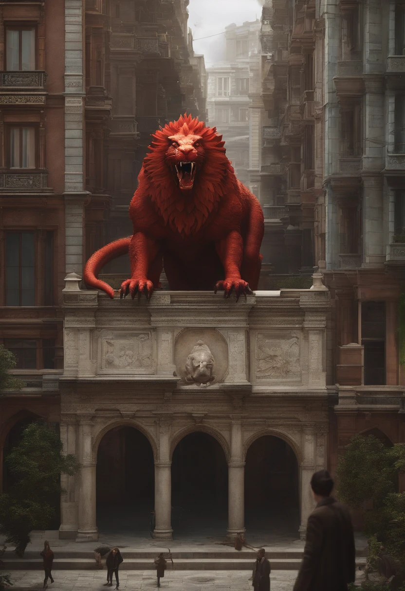 manticore,3 storeys high,50 meters long,Off-white,The hair is particularly long,Crocodile body,Dog head,terroral,blood vess,In the city,Cannibalism