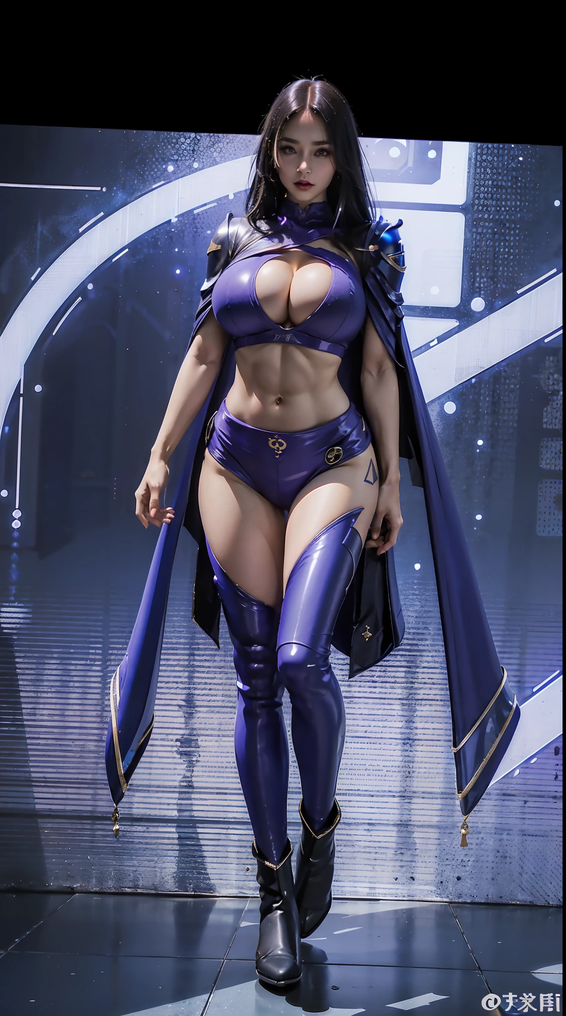 1GIRL, SOLO, (DRAGON HORN), (HUGE FAKE BOOBS:1.5), (BLUE, PURPLE), (SKINTIGHT FUTURISTIC CROP TOP, ROYAL CLOAK, CLEAVAGE:1.5), (SKINTIGHT YOGA PANTS, GUARD MECHA BOOTS:1.2), (SEXY BODY, LINE ABS, LONG LEGS, FULL BODY VIEW:1.5), (LOOKING AT VIEWER), (WALKING DOWN STREET CYBER NIGHT CITY:1.2), ULTRA HIGHT DEFINITION, 8K, 1080P.