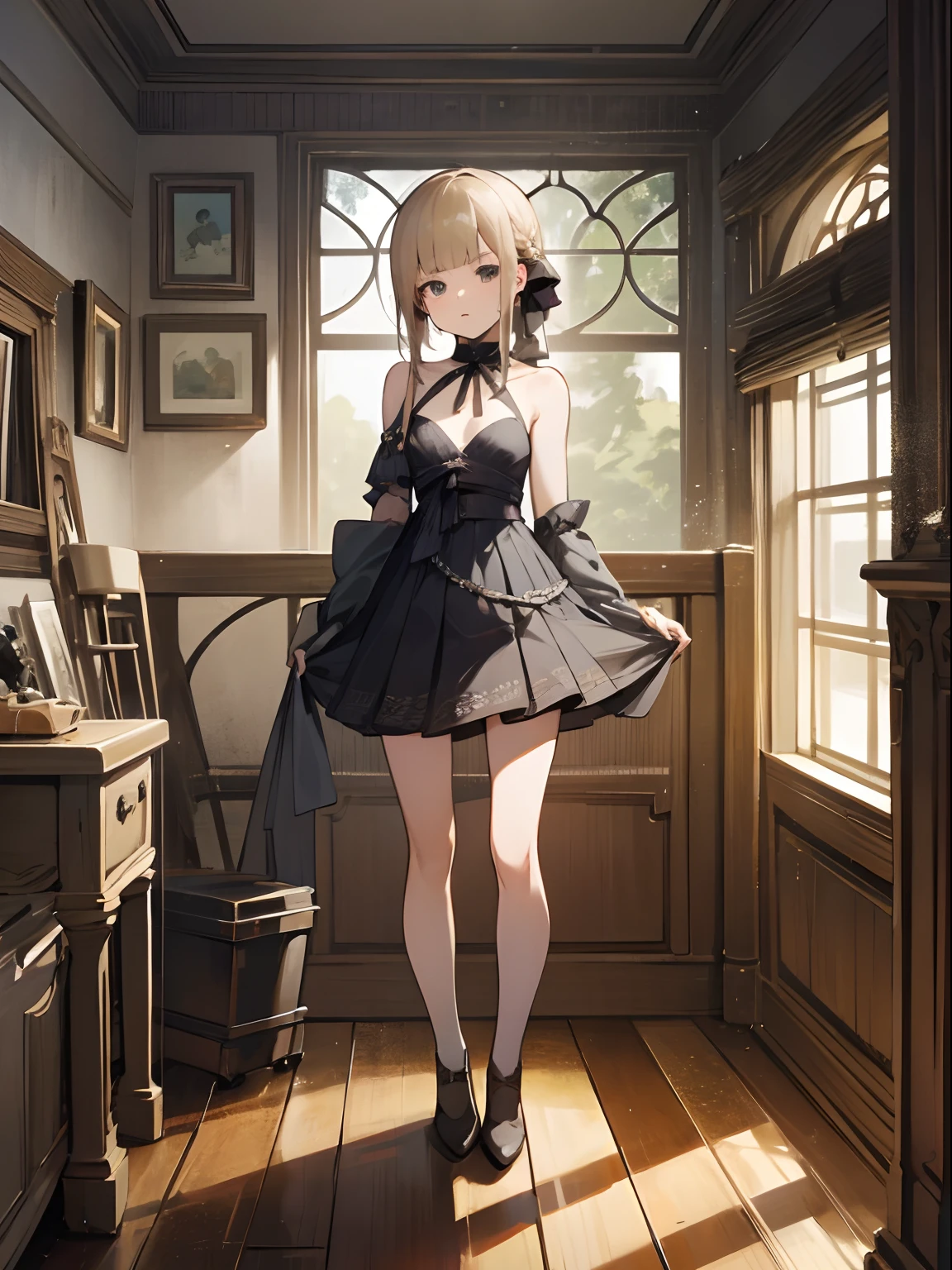 Reines, 1girl, high quality, best quality, illustration, masterpiece, (highly detailed:1.2), (extremely detailed:1.3), small breasts, bare shoulders, young girl, string ribbon, short skirt, full body, braid, petite, in a house