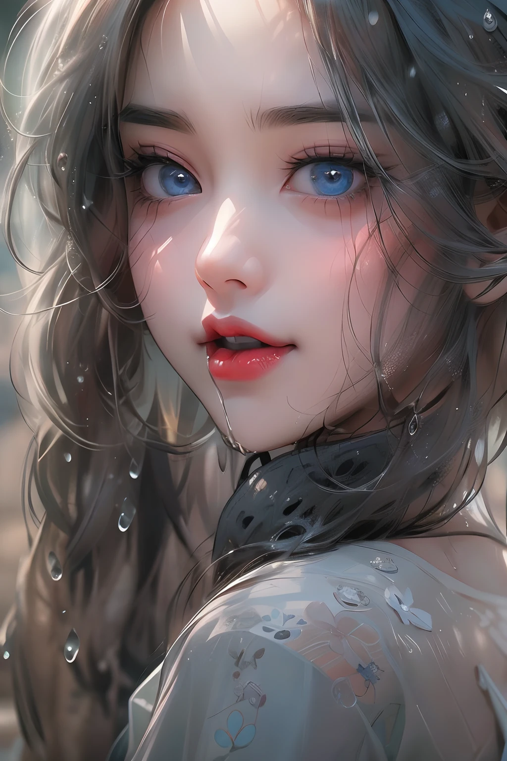 1female，35yo， 独奏， She has short black hair，bobo head，The body is soaked with rain，Look head-on，（（（tmasterpiece），（Very detailed CG unity 8K wallpaper），best qualtiy，cinmatic lighting，detailed back ground，beatiful detailed eyes，Bright pupils，Blue eyes，Snow-whiteskin，Redlip（Very fine and beautiful），（Beautiful and detailed eye description），ultra - detailed，tmasterpiece，））facing at camera，A high resolution，ultra - detailed），revealing breasts，， Bulge，legs are open，Raised sexy，Camel toes，Flushed complexion，Desire for dissatisfaction，frontage，The desire for femininity