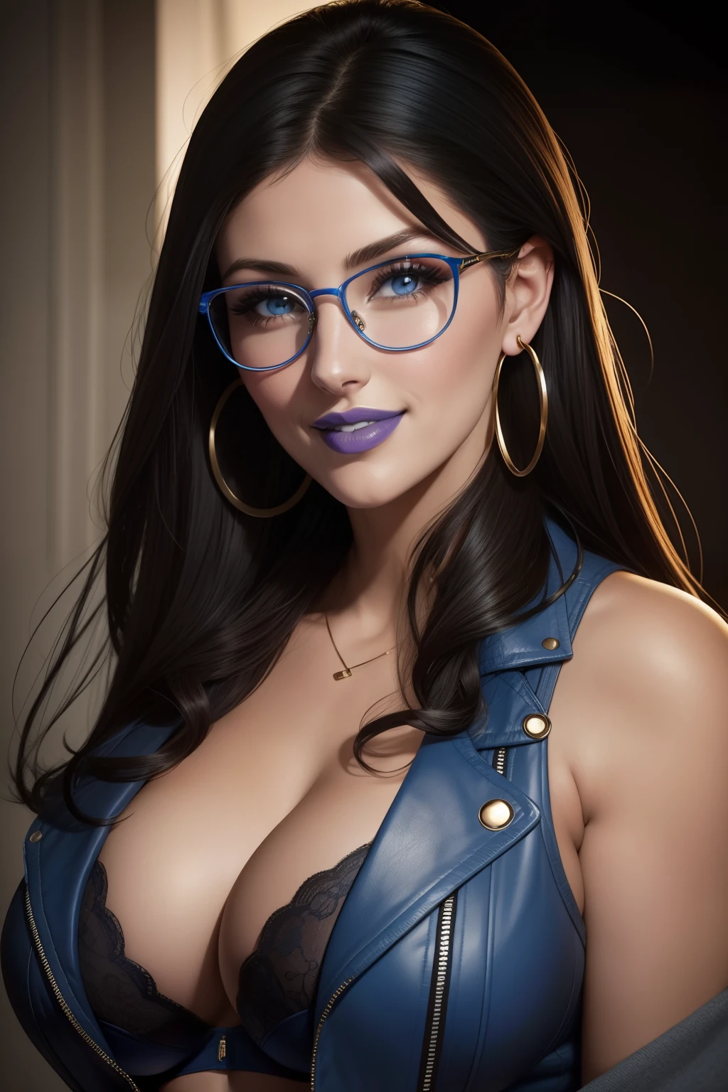 Lucy Pinder, Face Portrait, Blue Lipstick, Smiling, Glasses, Black Hair, Straight Hair, Hoop Earrings, Blue Bra. jacket