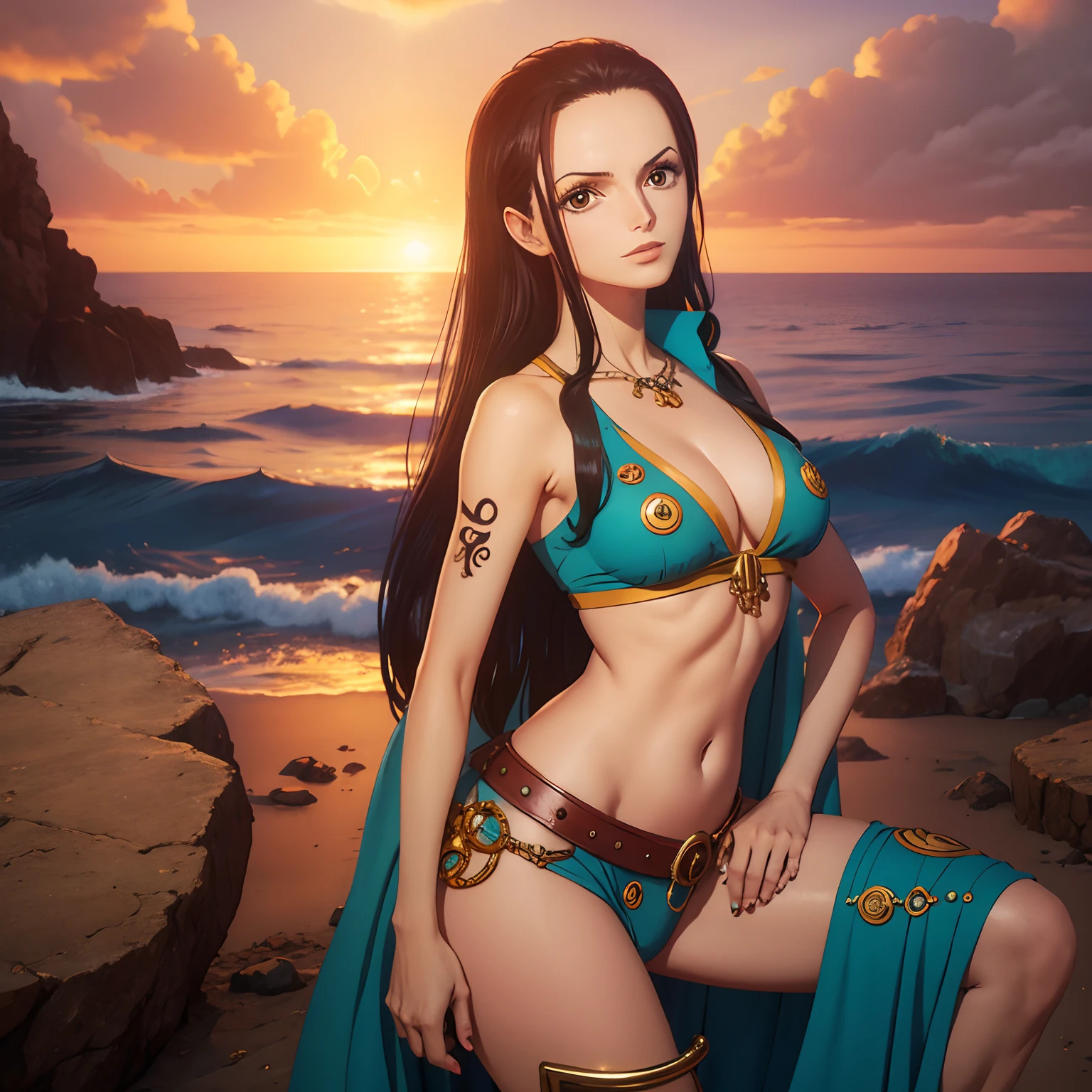 Arte do local, arte chave, melhor qualidade, obra prima, u detalhada, from one piece, Estilo One Piece, Arte do local, arte chave, melhor qualidade, em um navio, biblioteca, uma mulher muito feliz, cabelos pretos compridos, Wearing archaeologist's clothes, pose para foto, nico robin, perfect hands