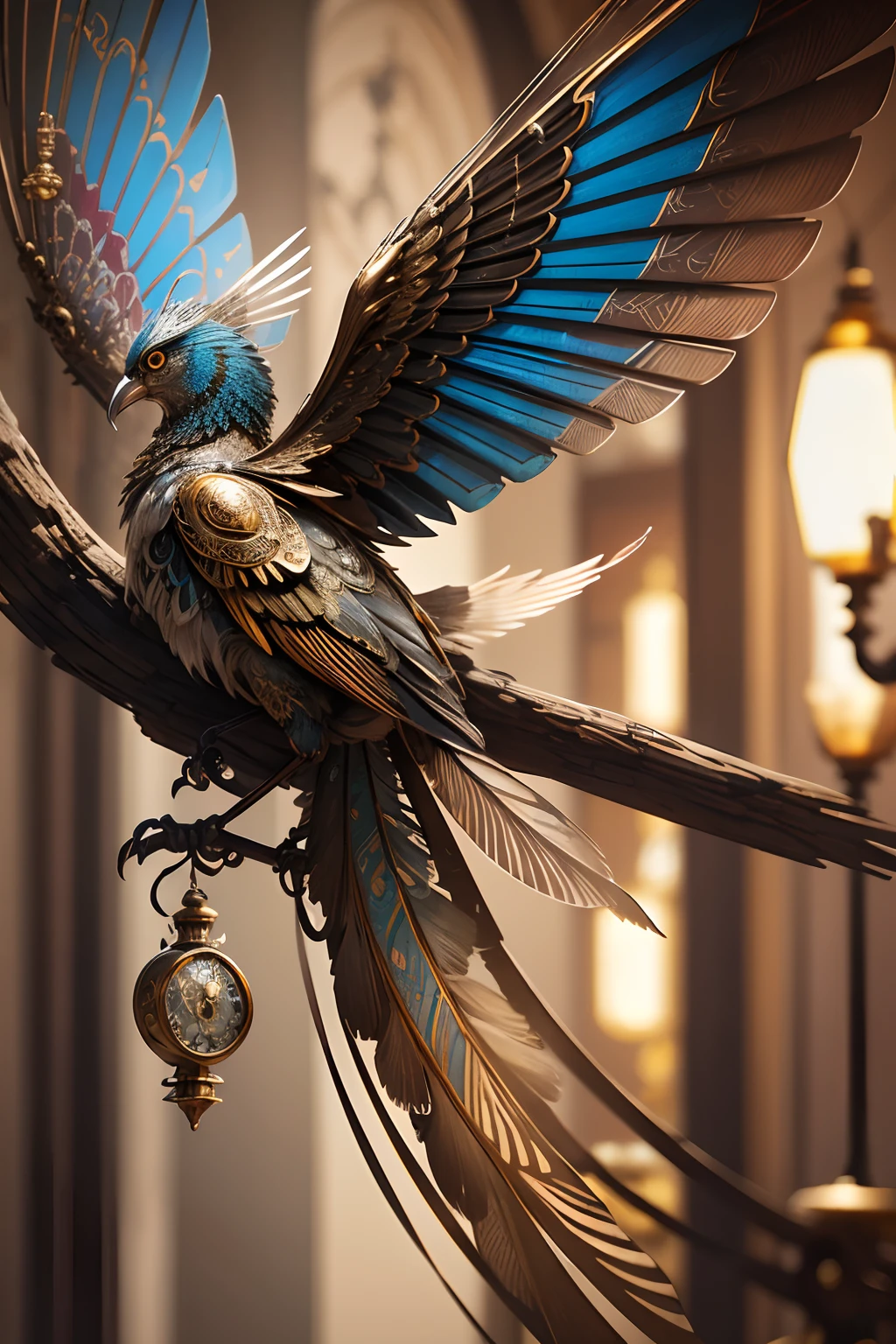 bird, mechanical, intricate gears, delicate feathers, metallic wings, vibrant colors, finely detailed, realistic, steampunk style, antique, vintage, mechanical movement, clockwork, elegant, perched on a branch, bronze, ornate design, eye-catching, imaginative, nostalgic, artistic