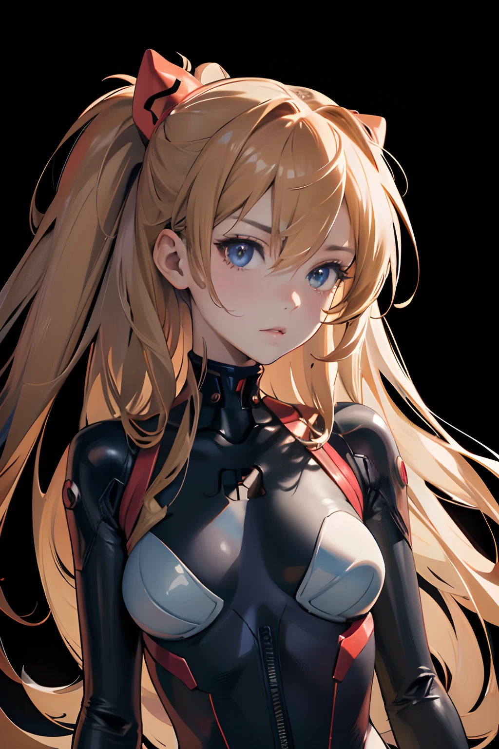 official art, unity 8k wallpaper, ultra detailed, beautiful and aesthetic, masterpiece, best quality, realistic, close-up, skindentation, souryuu asuka langley, interface headset, bodysuit under clothes, detailed eyes, detailed face, detailed hair, black background, straight-on, looking at viewer, glossy,