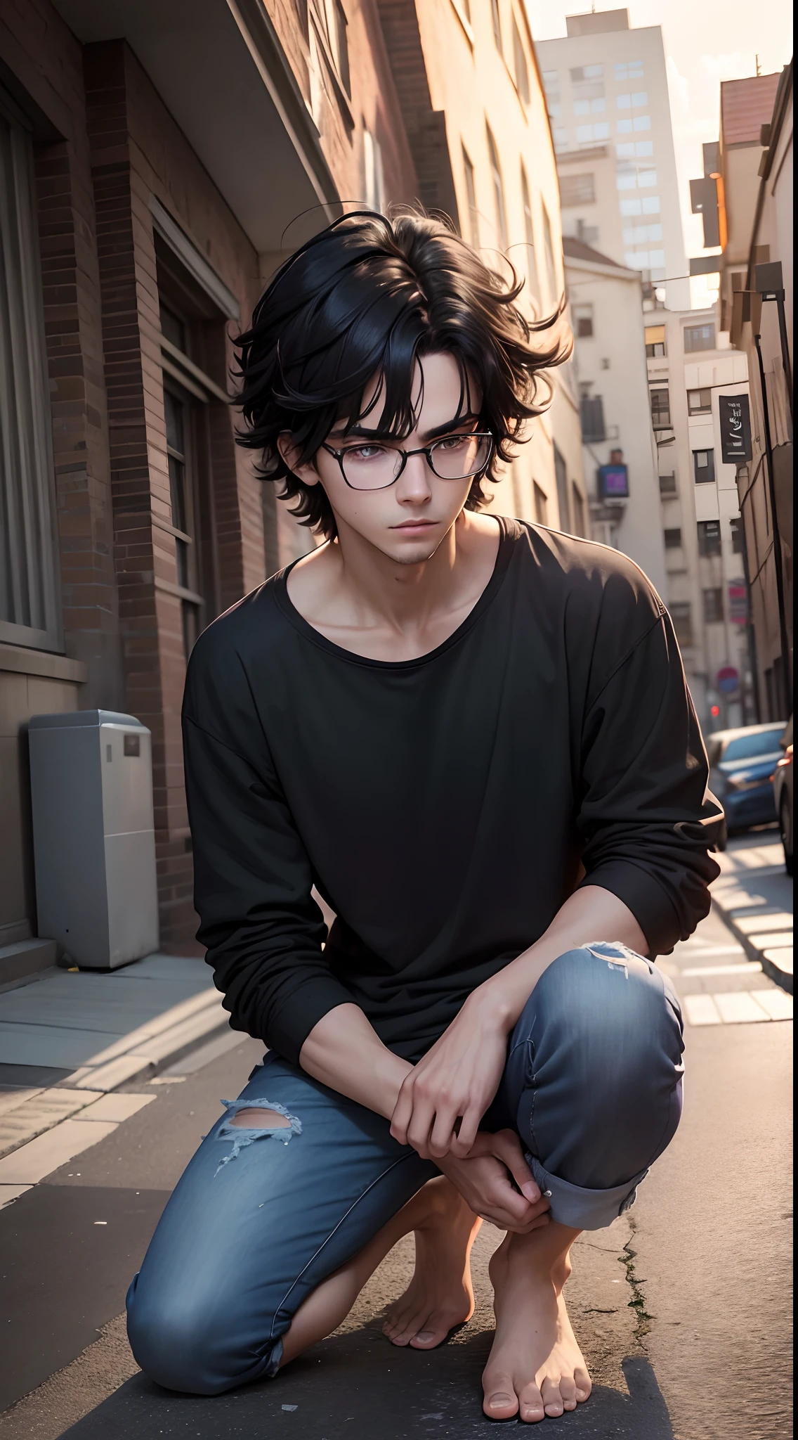 1 man 19 years old, black hair, messy hair, shaggy hair style, shoulder-length hair, bespectacled, hair over one eye, purple eyes, bare feet, wearing black t-shirt, wearing long jeans, worried face, clenched teeth, stoop down, bow down, left hand resting on the ground, right hand holds laptop, Prepare to get into running position, face looking forward, full body, full character, alley, late afternoon, from the front, front view, best graphics, 8k, ultrasharp, masterpiece
