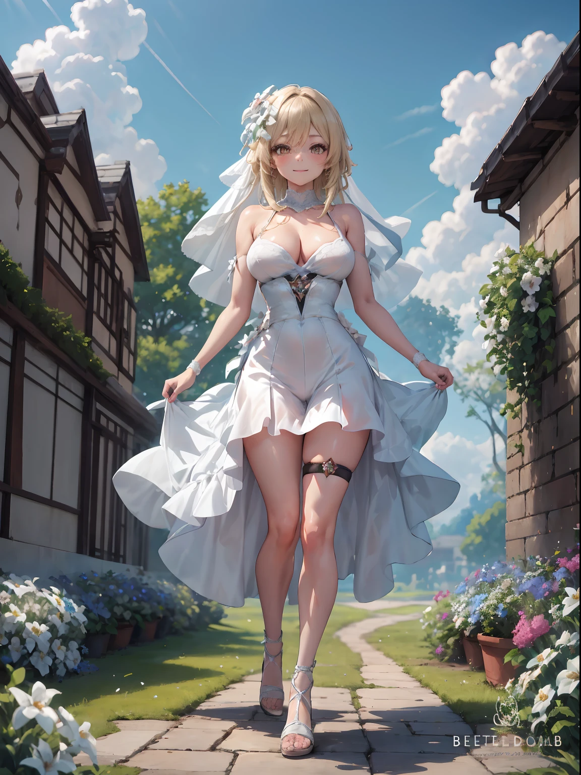 Lumine | genshin impact, master-piece, bestquality, 1girls,25 years old, proportional body, proportional., Wedding Dresses, White Wedding Dress, Long skirt, wedding, mediuml breasts, ,bara, Standing in the middle of a flower garden, outdoor, wedding, The sky is beautiful, Both hands hold a bouquet of flowers........................................., View viewers from the front., Thigh strap, Head tilt, bored, 10, 10, HD, slight smile,