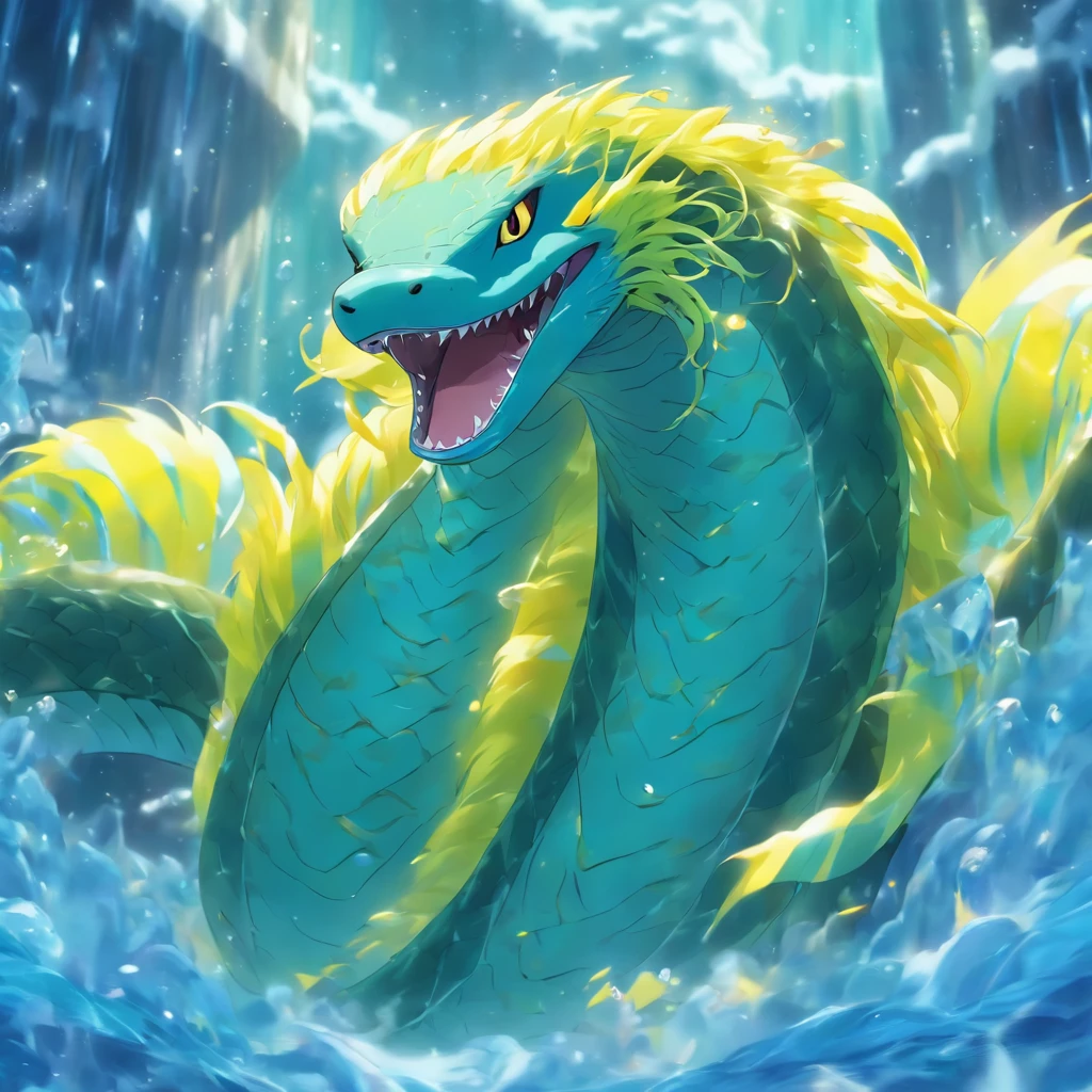 Eel covered ice-blue fur with blue stripes and a bright yellow mane, masterpiece, best quality