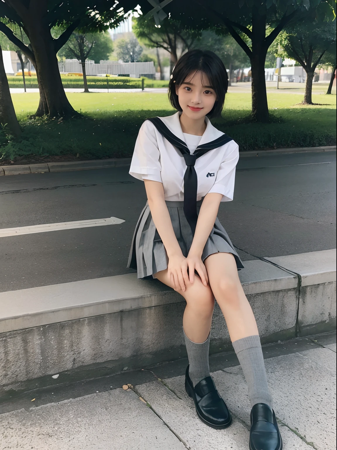1 Female、(so beautiful)、(Beautiful Face:1.5)、The outline of the pubic area is clear、squat、Spread your legs、(White :1.4)、(High School Uniform)、(Dark blue pleated skirt)、(Wear black loafers)、(Shibuya sidewalk at night)、n Signs、(At S.F.W.:1.1)