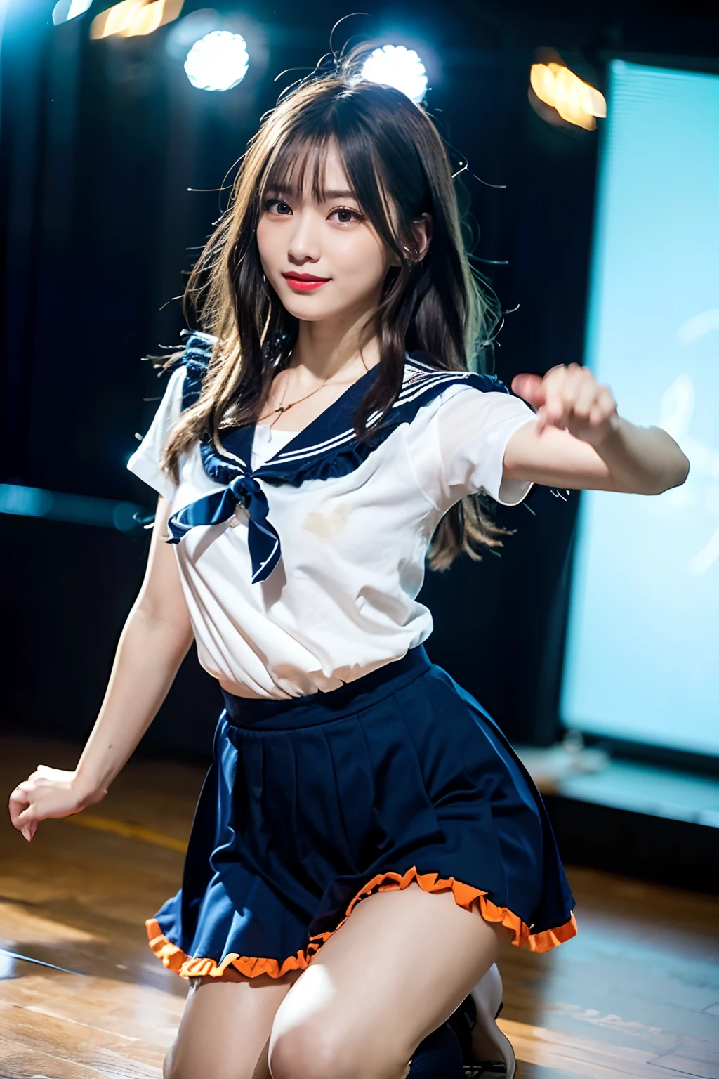 Idol,with round face,A smile that makes the viewer happy,Classroom desk in background,And windows,(((Intense dance motion:1.3))),(Rhythmic dance with hands on the chest:1.3),(((Dance that emphasizes breasts:1.3))),(Stand up and raise one knee:1.3),Add a motion blur effect to simulate motion,(Dynamic and sexy dance poses),(bending forward:1.3),(((Schoolgirl sailor suit))),large full breasts,Disturbance of clothing due to movement,(Dark blue ruffled skirt floating with dance moves:1.3),Red ribbons,short wavy hair with shiny silver and orange stripes,disheveled hair,Floating hair,gazing at viewer,(Professional Lighting),(in 8K,masutepiece,top-quality,Ultra-high resolution output image,),(intricate detailes,),(From Image Mode to Ultra HD),Beautiful hands,Beautiful fingers,Detailed finger features,detailed clothes features,Detailed hair features,detailed facial features,