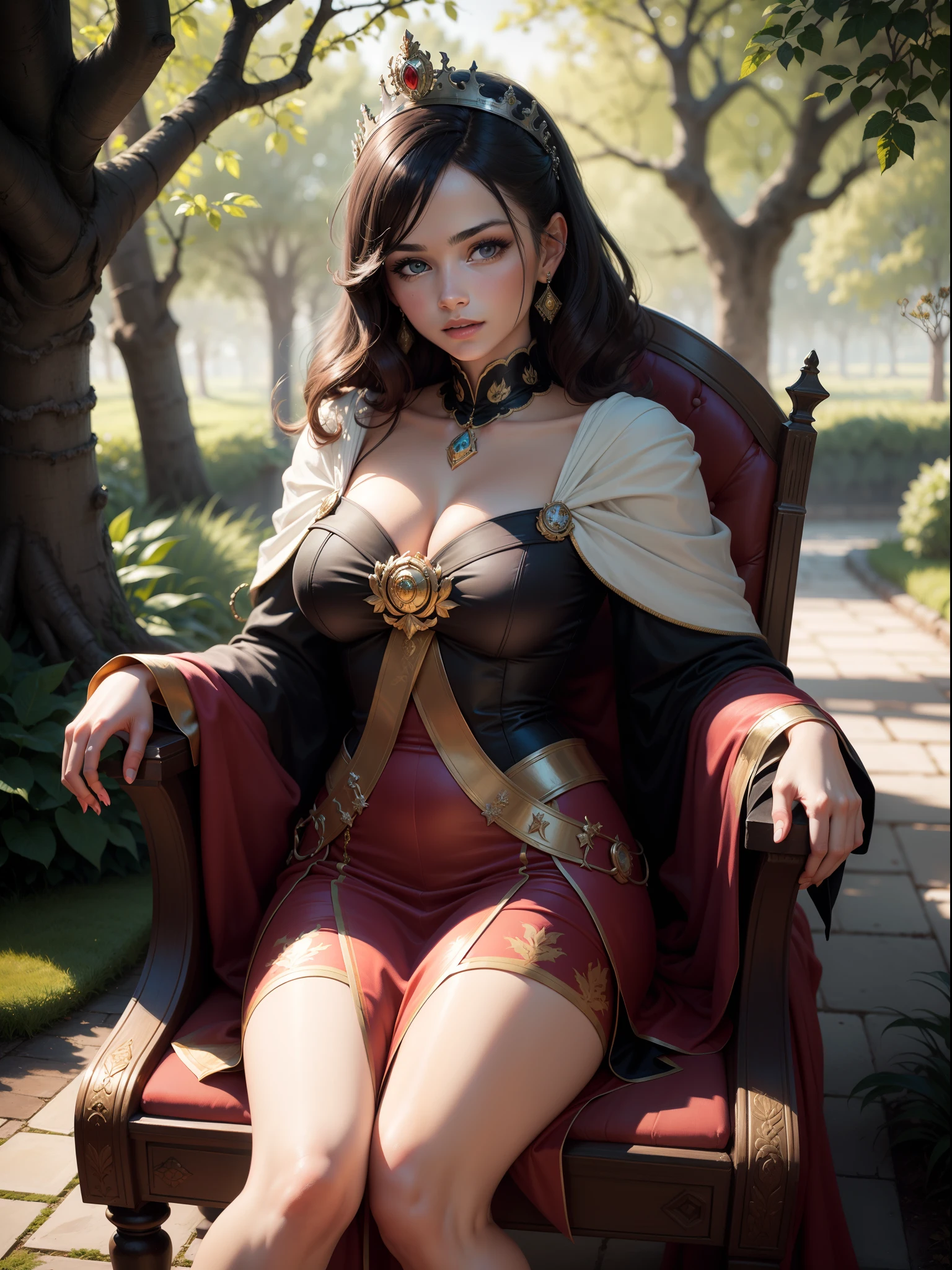 best quality, highres, ultra-detailed, realistic painting:1.37, vivid colors, sharp focus, studio lighting, Queen Elizabeth 2nd in her young age (25 years), Queen of united kingdom, sitting on Throne of Britan, beautiful detailed eyes, beautiful detailed lips, dark short hair, look firm and wisdom, wearing royal uniform, extremely detailed face, long eyelashes, 1 girl, oil painting, vibrant garden scene, flowing dress, serene expression, sunlight streaming through trees