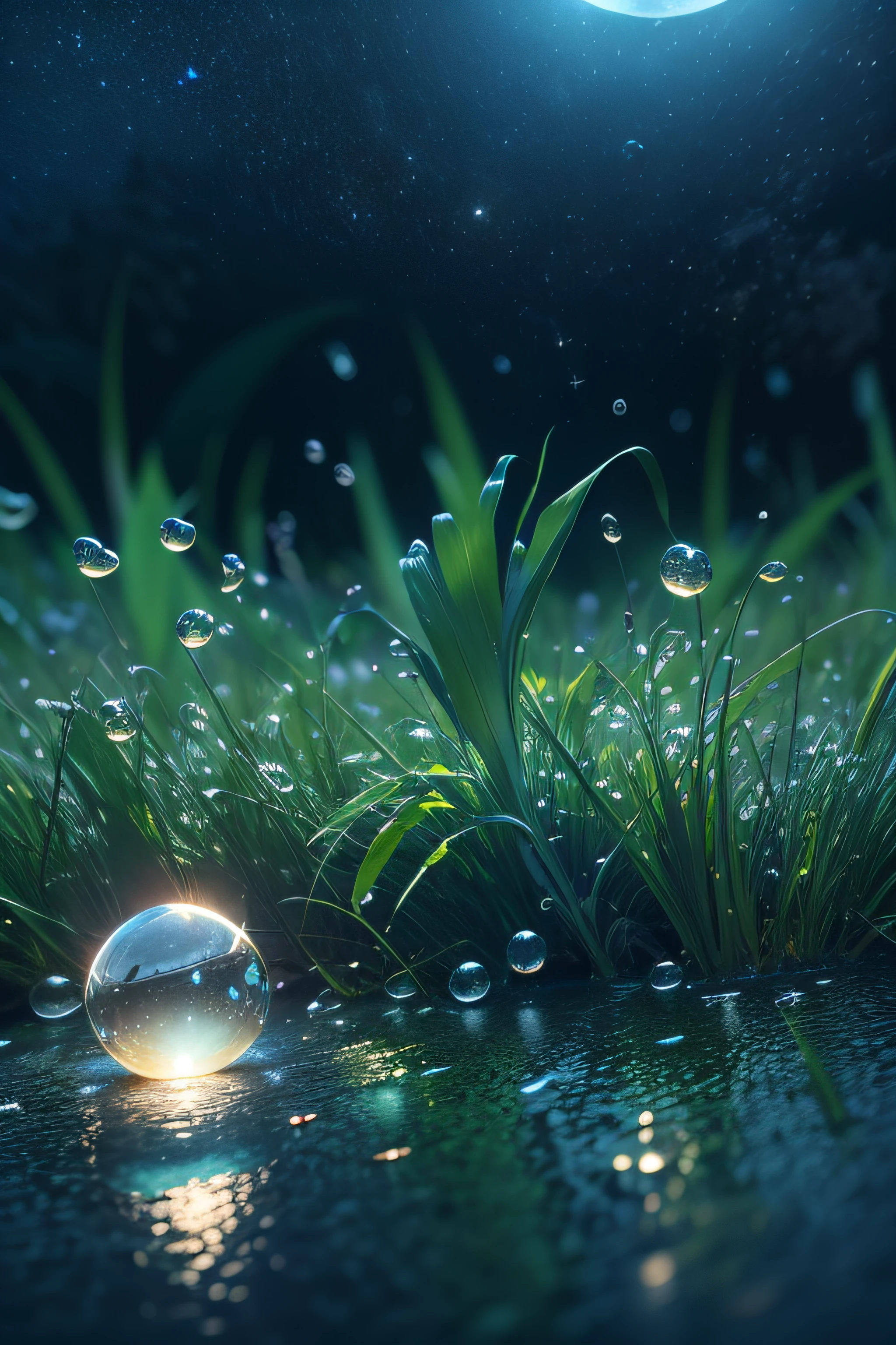 drops of dew on fine blades of green grass, moonlight on the drops, night sky, 8k ultra realistic detailed render, 3d render, backlighting, Hasselblad, ray tracing, reflection light, Wide-Angle, high details, masterpiece