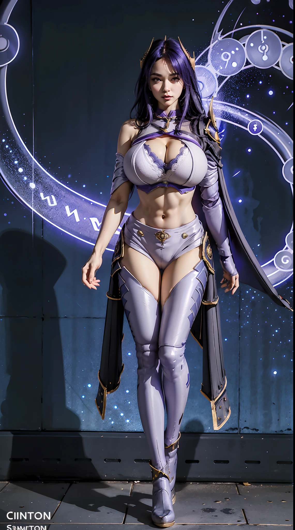 1GIRL, SOLO, (DRAGON HORN), (HUGE FAKE BOOBS:1.5), (BLUE, PURPLE), (SKINTIGHT FUTURISTIC CROP TOP, ROYAL CLOAK, CLEAVAGE:1.5), (SKINTIGHT YOGA PANTS, GUARD MECHA BOOTS:1.2), (SEXY BODY, LINE ABS, LONG LEGS, FULL BODY VIEW:1.5), (LOOKING AT VIEWER), (WALKING DOWN STREET CYBER NIGHT CITY:1.2), ULTRA HIGHT DEFINITION, 8K, 1080P.