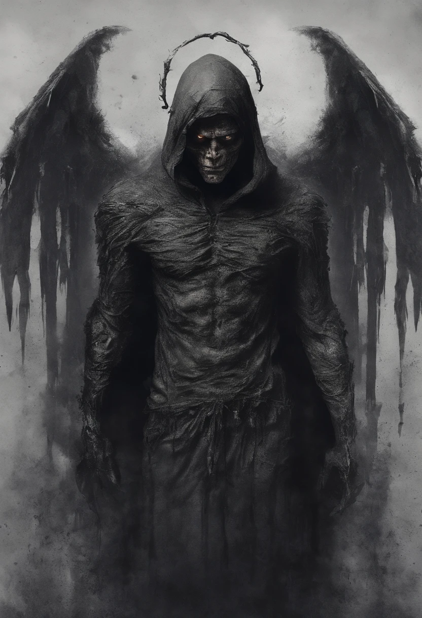 Beautiful demon man with dark skin, dreadlocks, two pair of wings, white skeleton tattoo all over body, shadow power around and sexy clothes 