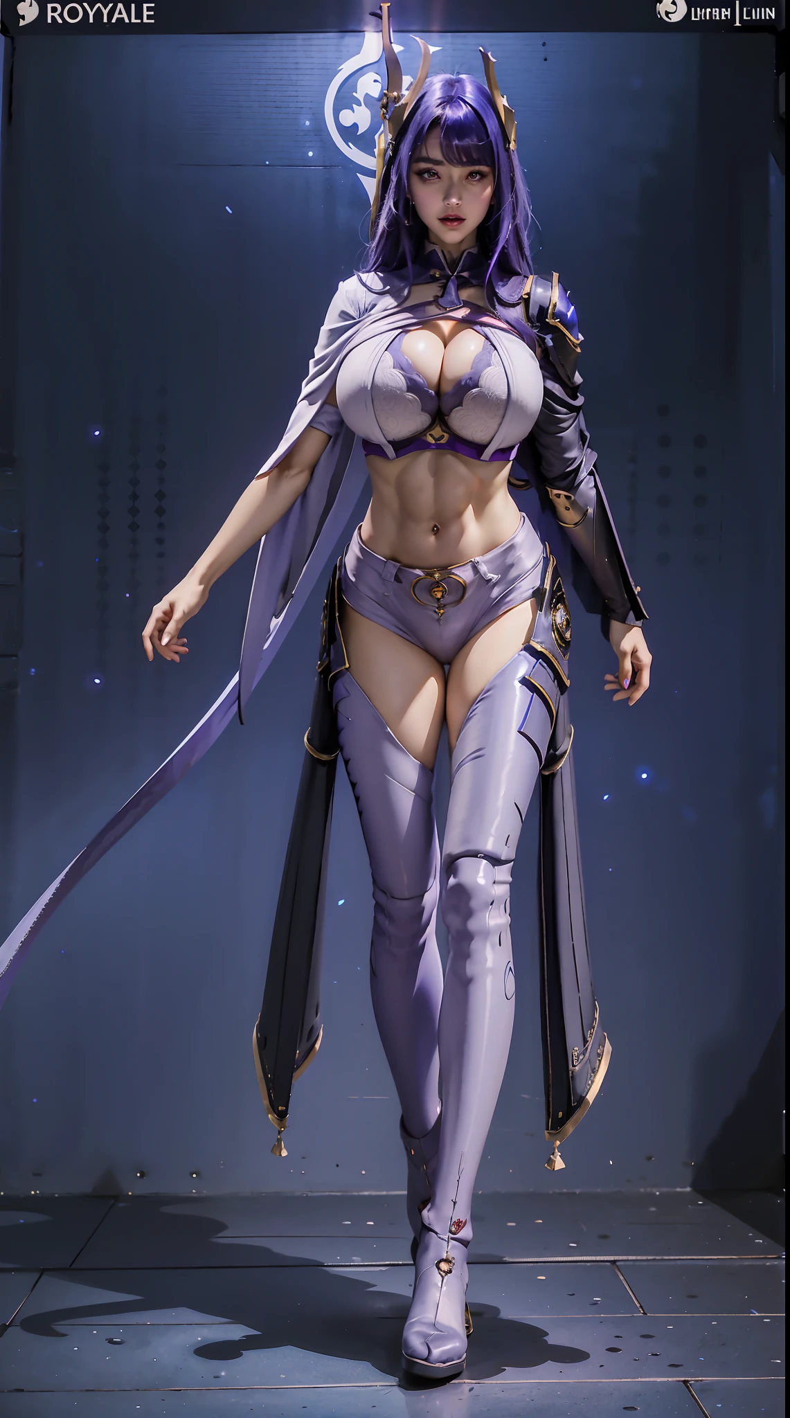 1GIRL, SOLO, (DRAGON HORN), (HUGE FAKE BOOBS:1.5), (BLUE, PURPLE), (SKINTIGHT FUTURISTIC CROP TOP, ROYAL CLOAK, CLEAVAGE:1.5), (SKINTIGHT YOGA PANTS, GUARD MECHA BOOTS:1.2), (SEXY BODY, LINE ABS, LONG LEGS, FULL BODY VIEW:1.5), (LOOKING AT VIEWER), (WALKING DOWN STREET CYBER NIGHT CITY:1.2), ULTRA HIGHT DEFINITION, 8K, 1080P.