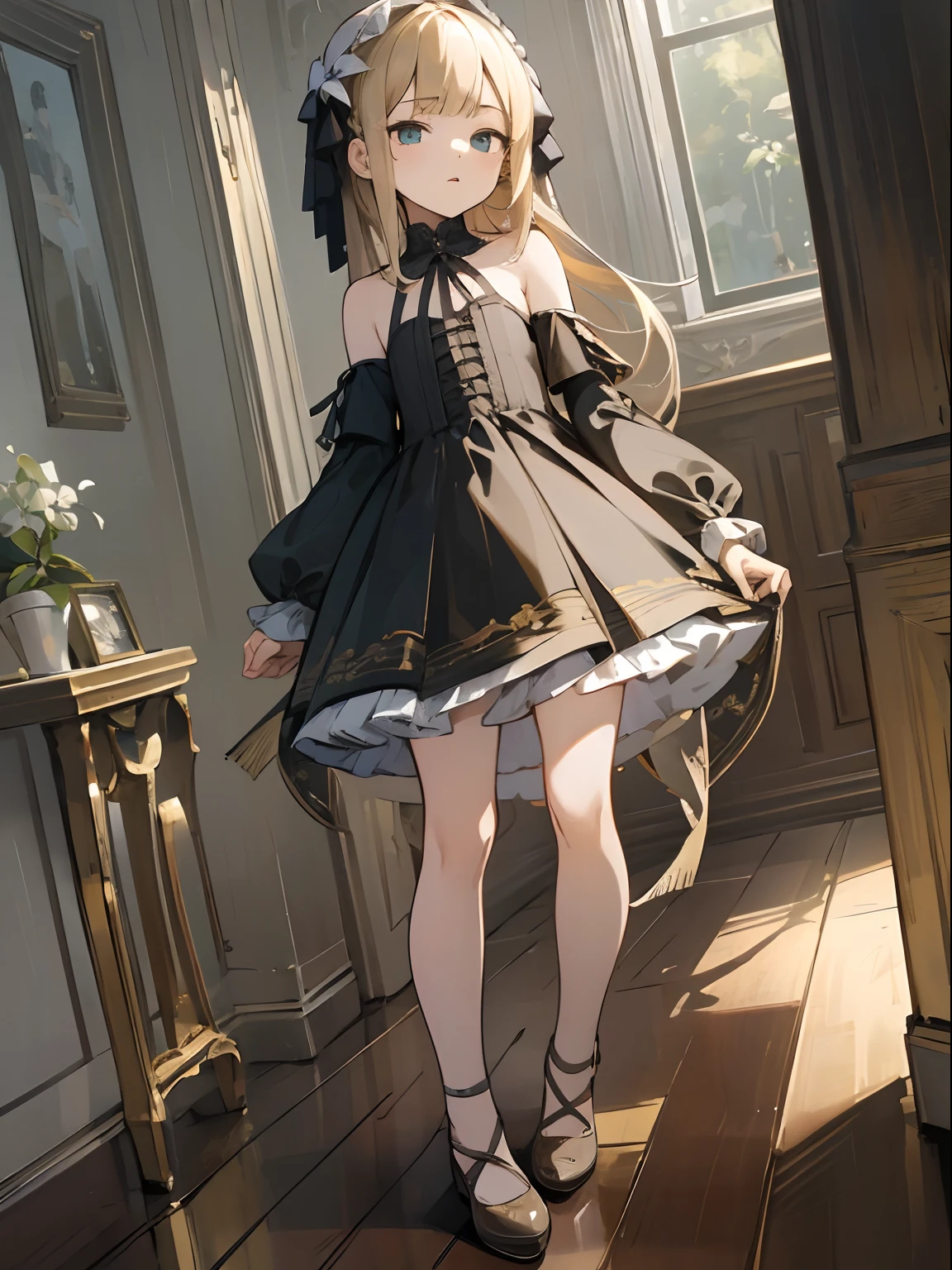 Reines, 1girl, high quality, best quality, illustration, masterpiece, (highly detailed:1.2), (extremely detailed:1.3), flat chest, child, bare shoulders, young girl, string ribbon, short skirt, full body, braid, petite, in a house