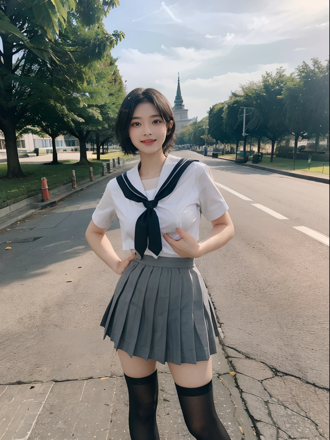 top-quality,masterpiece,Photo Real,1 girl in, an extremely beautiful -yeld gi (kawaii:1.2),Double eyelids、Detailed black eyes、(browny short hair),perfect glossy skin,((accurate hands without incongruity)), large full breasts,big breasts thin waist,((a sailor suit)),((Short sleeve uniform white shirt)),(red necktie),(Mini pleated skirt in grey:1.4)、 sockes, (Black knee socks),(Loafer shoes), during daytime,A park full of light、Carefree smile、cinematlic lighting