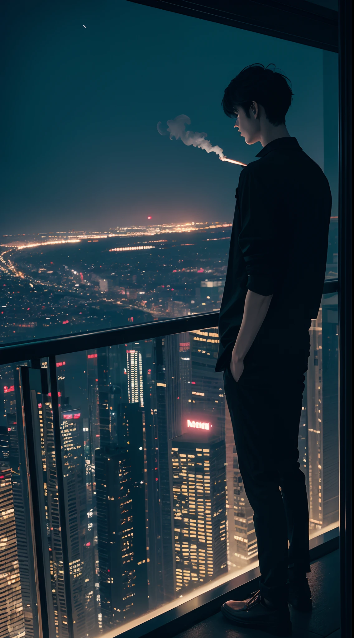 A tall guy sitting on the edge of building, smoking, night city view, beautiful view, tall guy, short hair, black hair, wearing black clothes, back view,