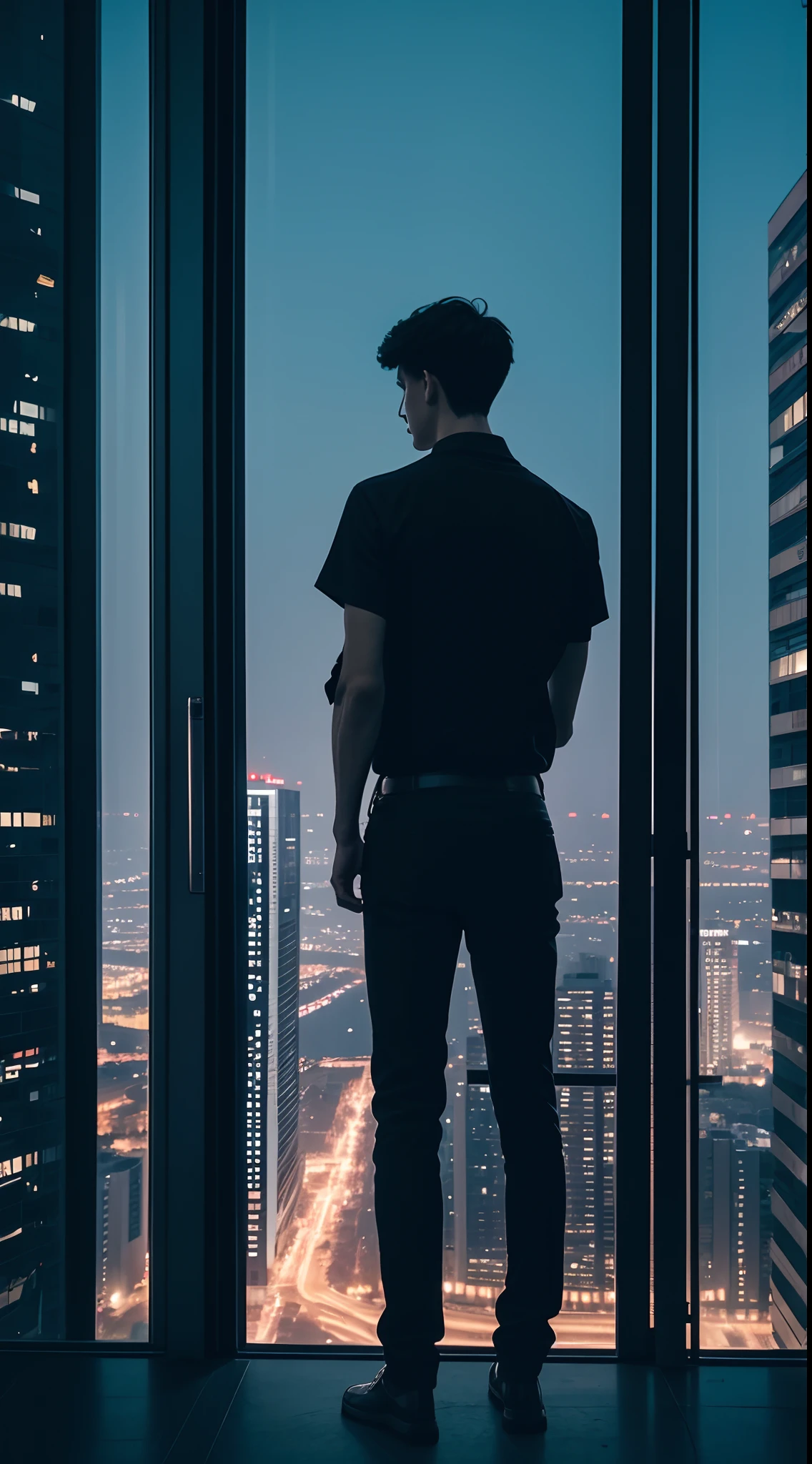A tall guy standing inside the building, smoking, night city view, beautiful view, tall guy, short hair, black hair, wearing black clothes, back view,