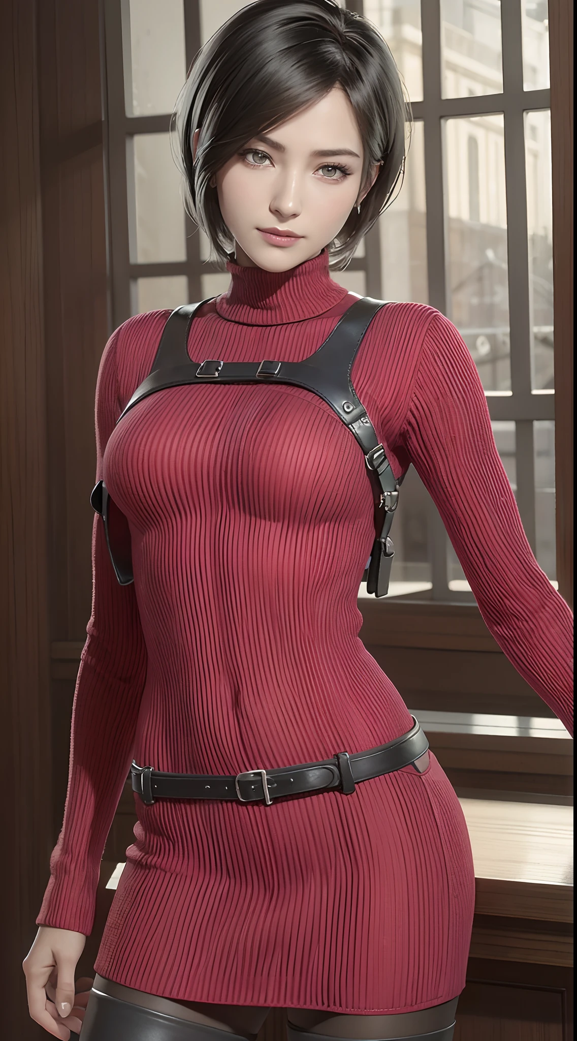 8K,top-quality,Real Image,intricate detailes,超A high resolution,Depth Field,masuter piece,natural soft light,profetional lighting,Resident evil,ada,Ada Wong,1 girl in,(cute little:1.2),Young shiny shiny white shiny skin,Best Looks,Lush bust,RED dress,turtle neck,Rib Sweater,Harnes,a belt,A dark-haired,short-hair,Black pantyhose,((cowboy  shot)),(Beautiful black eyes:1.2),((((face perfect)))),(is standing),((see the beholder)),(dynamicposes:1.3 )