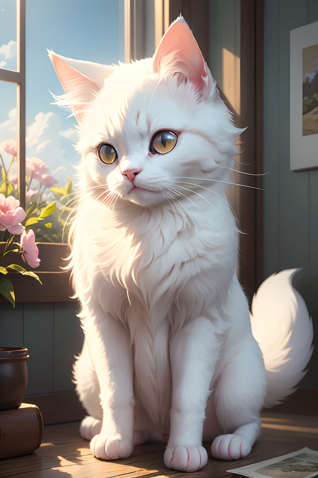 cute white puppet cat, makoto shinkai dream style, surrealist animal illustration, bow, flowers, window, sky, meiji art, light color color painting, rich layers, realistic figurative painting, realistic hyper-detail portrait style, neo-traditional japan, soft edges, fantastic illustration, (very detailed CG unity 8k wallpaper), clean background, natural light, best quality, hyperdetail,
