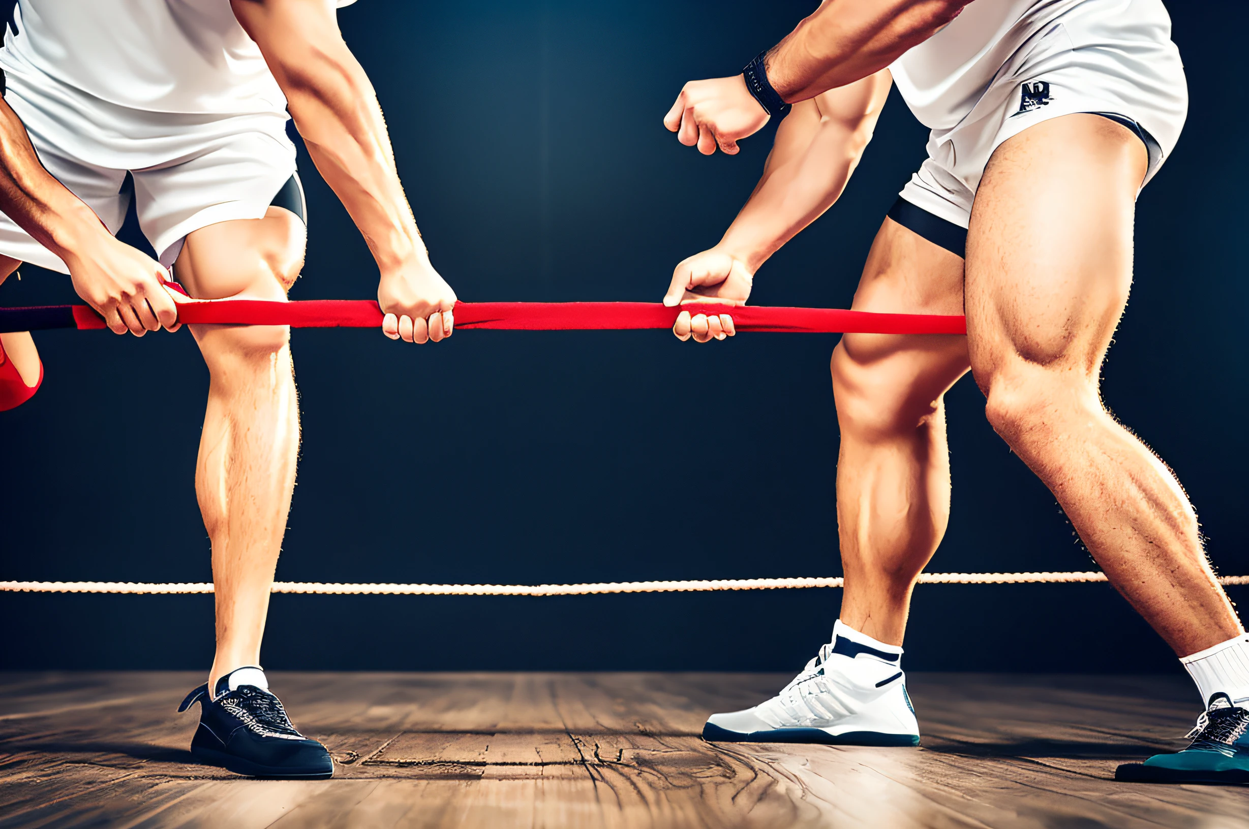 There are two strong men on each side of the picture，Two meters long black stockings，Women's stockings，Strongman tug-of-war，Simple lines，black long socks，Carefully depict deformed stockings，Preserve resiliency