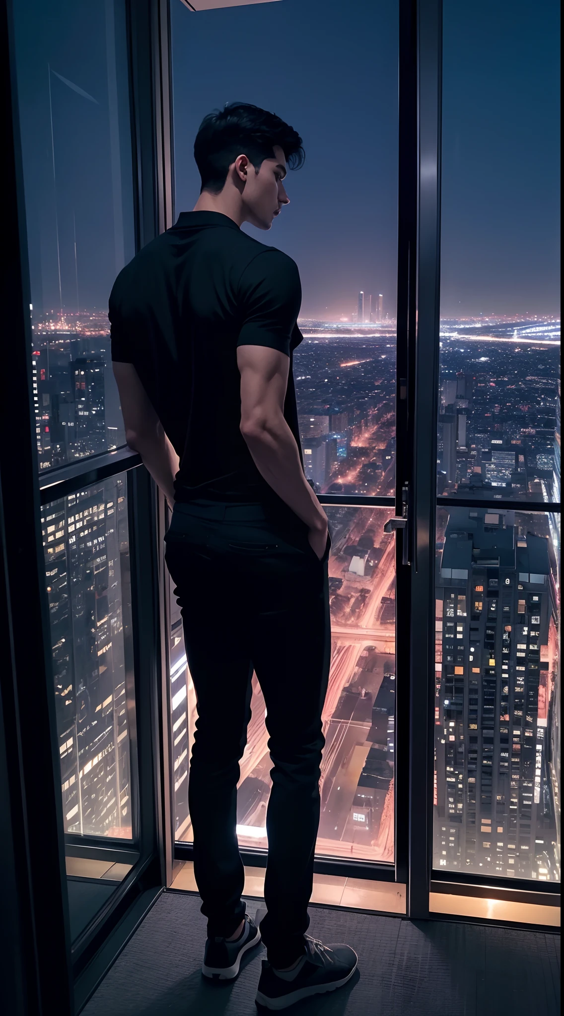 A tall guy standing inside the building, night city view, beautiful view, tall muscular guy, short hair, black hair, back view,