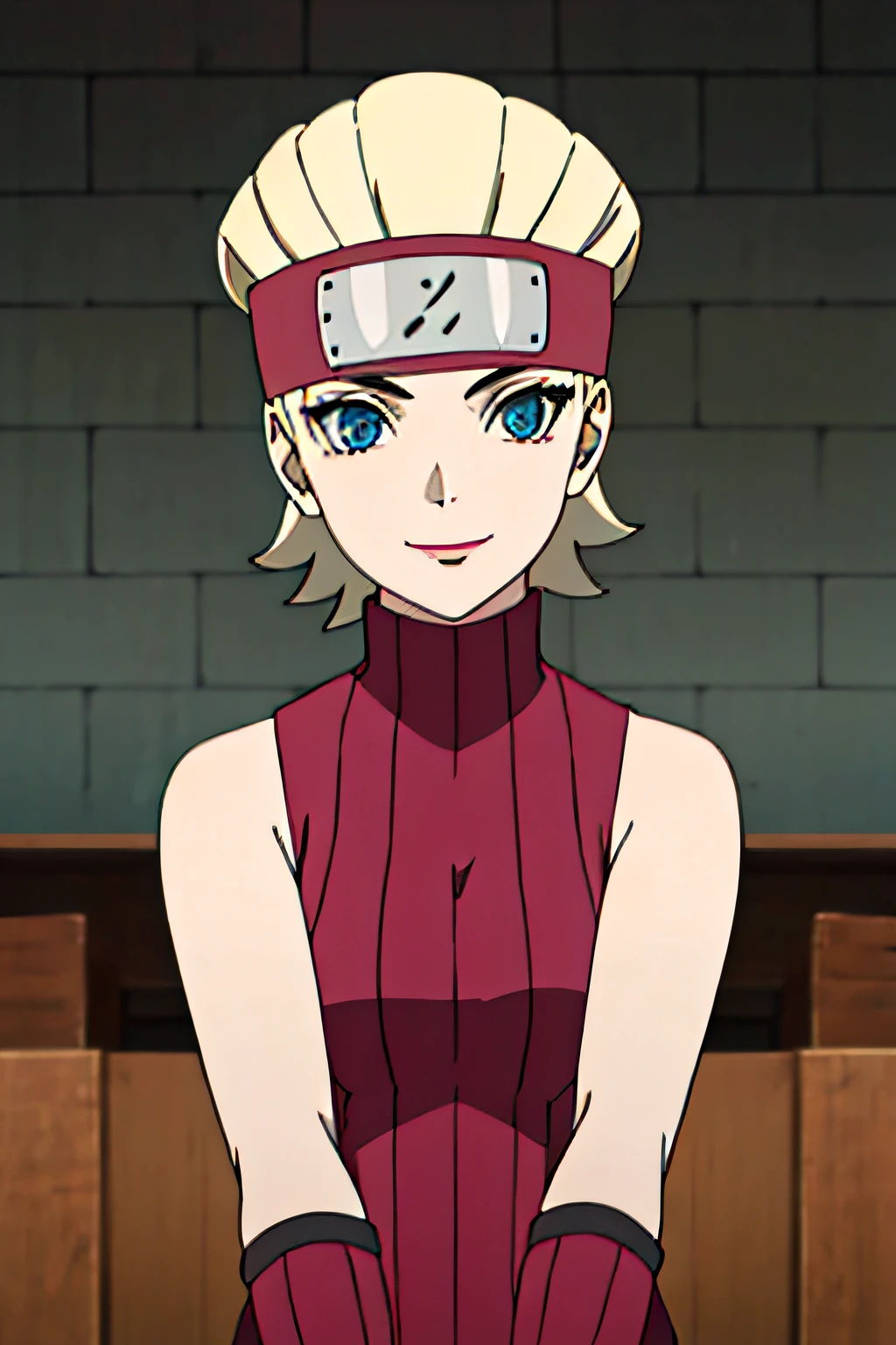 BUNTAN, 1GIRL, SHORT HAIR, BLUE EYES, BLONDE HAIR, GLOVES, BARE SHOULDERS, HEADBAND, SLEEVELESS TURTLENECK, solo facing viewer, looking at viewer, smile.