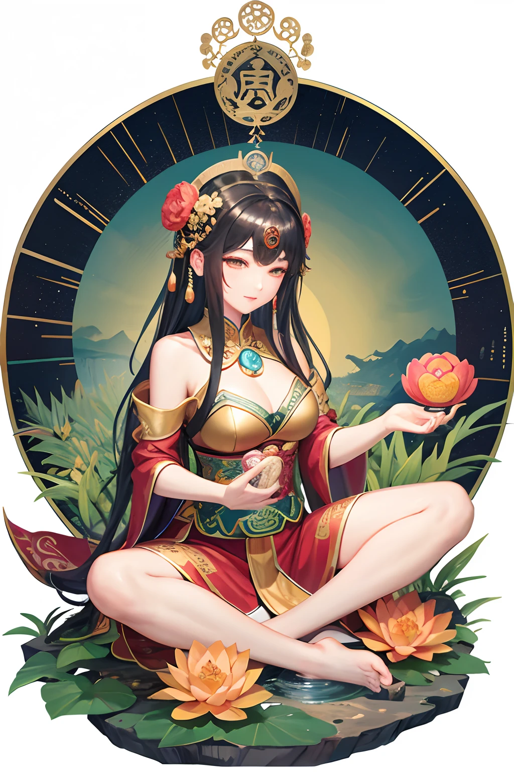Guanyin Bodhisattva,Female Bodhisattva,The eyebrows are like Satsuki,The eyes resemble double stars,The jade face is naturally joyful,Vermilion's lips were a little red,Sit on a huge lotus leaf,(nsfw: 1.5) (: 1.5), pubic