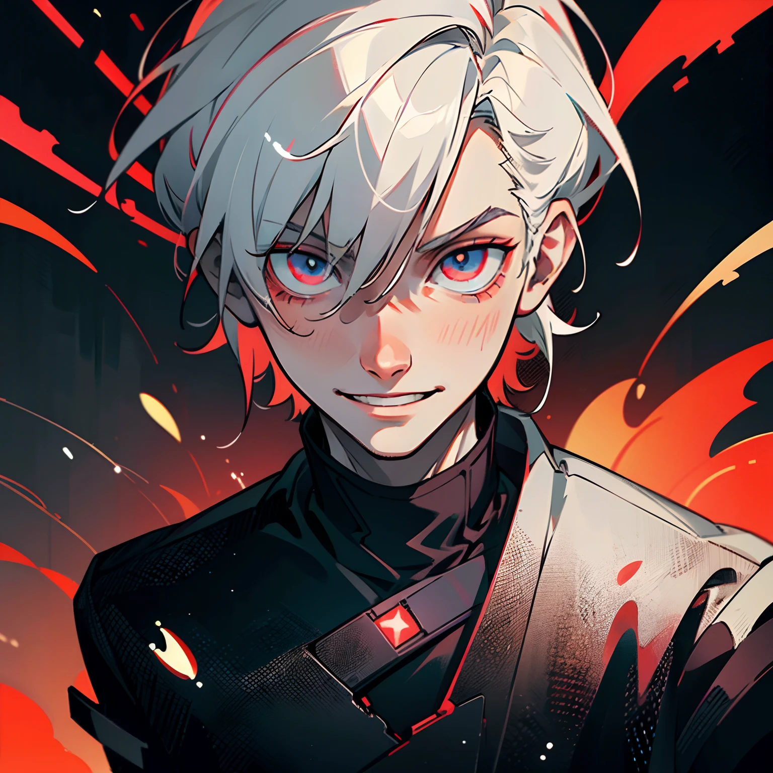 ((alone)), ((solo)), close pic, male character, young adult around 22 years old. messy white hair. a fringe covers one eye. The eyes are neon red. He has a crazy and disturbed smile. pale skin. black clothes.