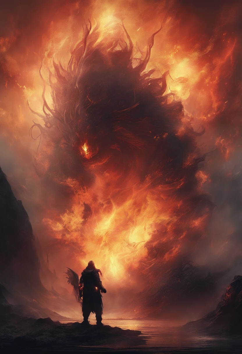 Otherworldly mysterious creatures, Terrifying atmosphere, Fire, Smoke, hyper photorealism, High quality, Masterpiece