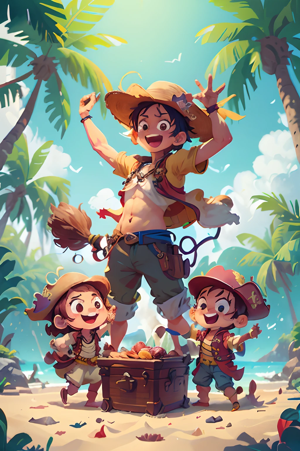 (cheerfulness,Lively,Energetic) pirate,One Piece,Monkey,Detailed and colorful anime illustrations,Bright colors,actionpacked,Powerful,Happy expression,Hefty Smile,Wear a straw hat and a red vest,Holding a sword,Stand on a vibrant tropical island,Dynamic pose,In the beautiful blue sky and fluffy white clouds,Surrounded by lush palm trees and exotic flowers,There is a treasure chest full of gold coins and jewelry,Next to it is a friendly and loyal crew,Enjoy adventure on a boat sailing the vast sea,Create feelings of freedom and excitement,The bright sun casts warmth, The vivid colors of the scene,Painting style rendering with high contrast and vivid colors,Create a joyful and lively atmosphere.